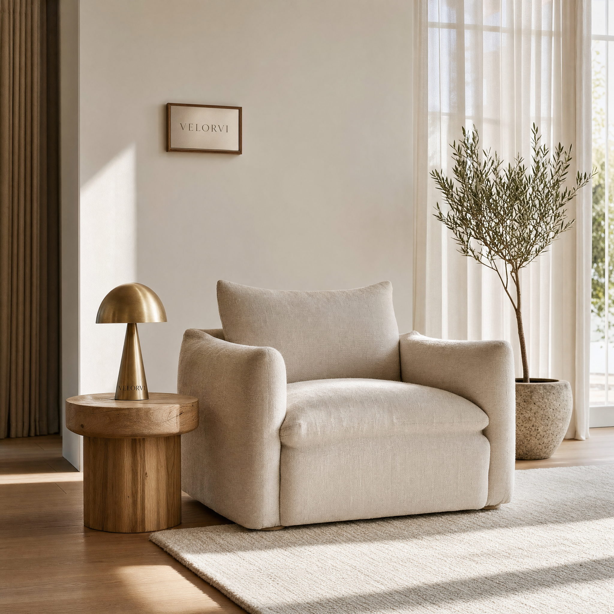 Velorvi - Minimalist living room with Velorvi branded lamp and wall sign