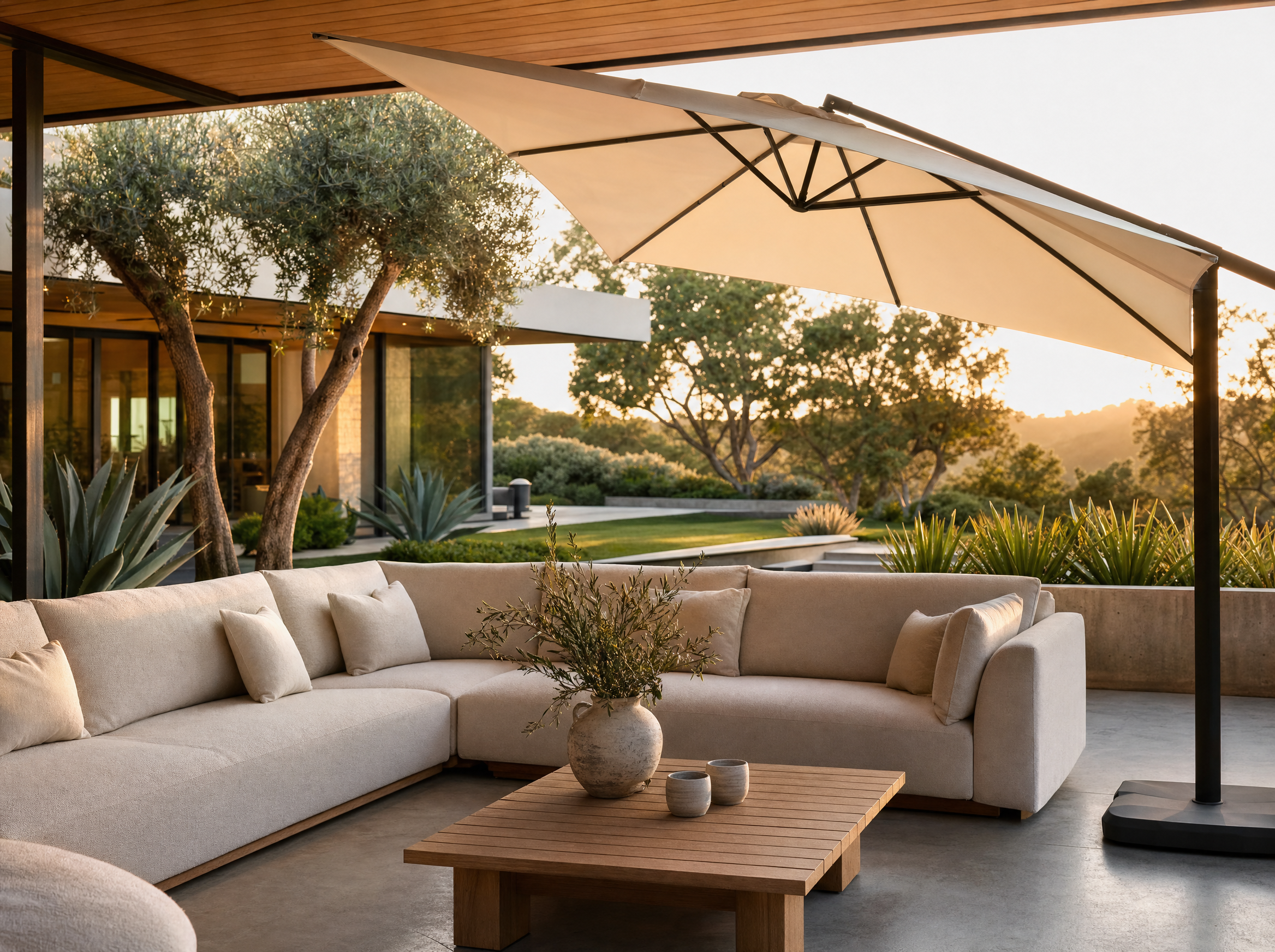 Velorvi Outdoor Living World - covered patio at golden hour