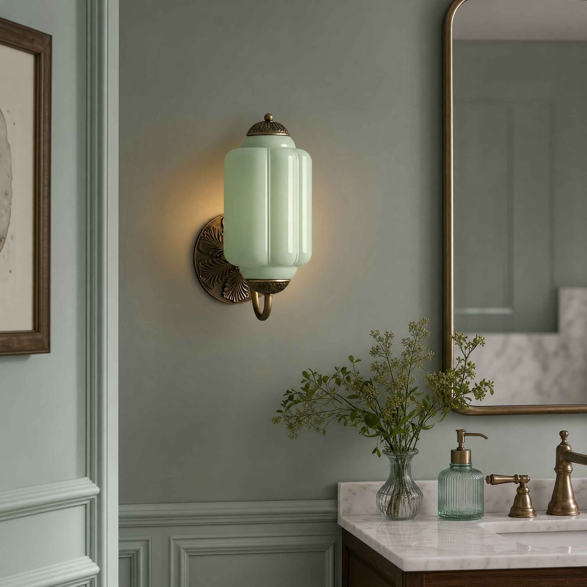 Eloise Vintage Milk Glass Sconce - powder room lifestyle