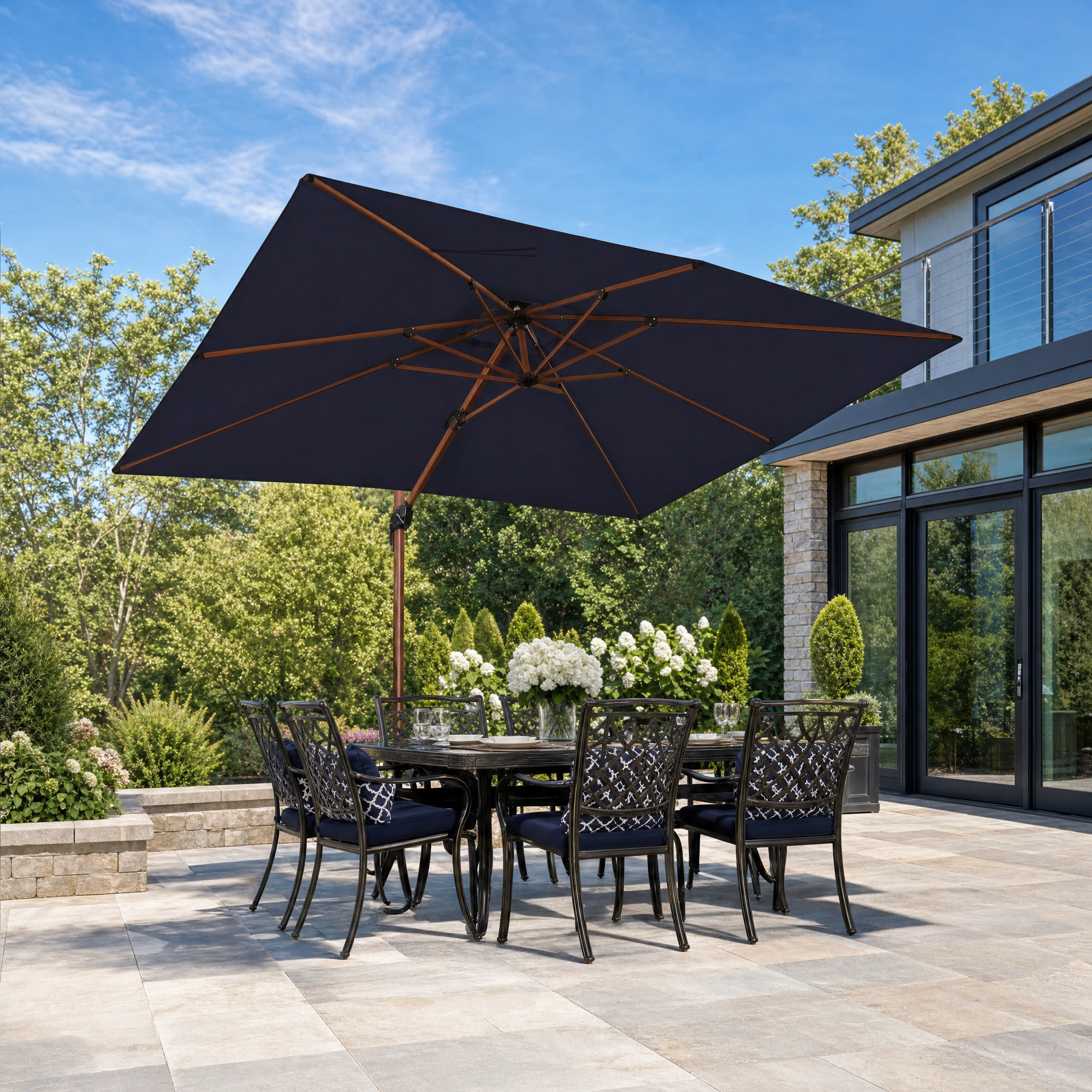Purple Leaf Rectangular Wood-color Cantilever Umbrella - flagstone patio lifestyle