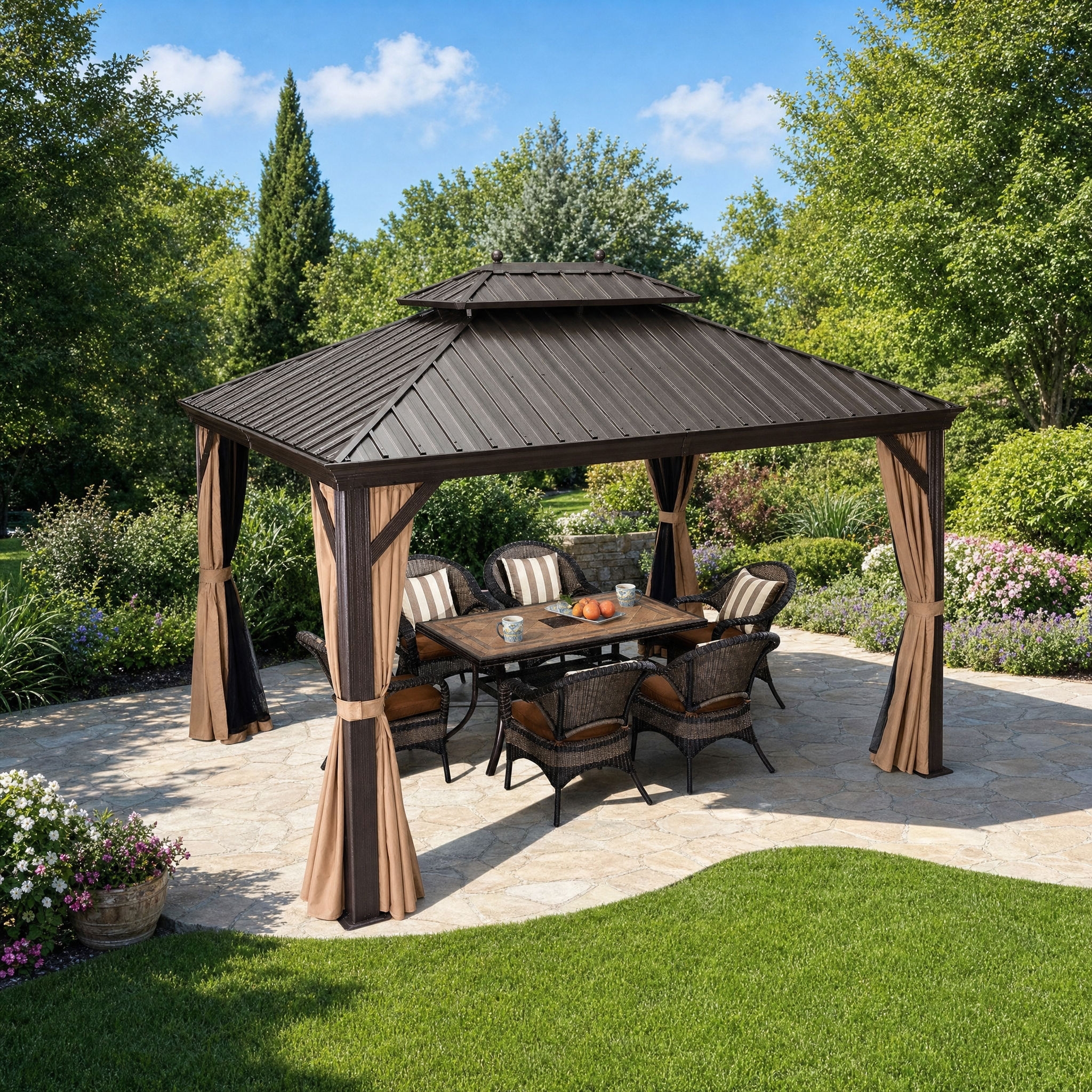 Purple Leaf Bronze Hardtop Gazebo - manicured backyard garden lifestyle