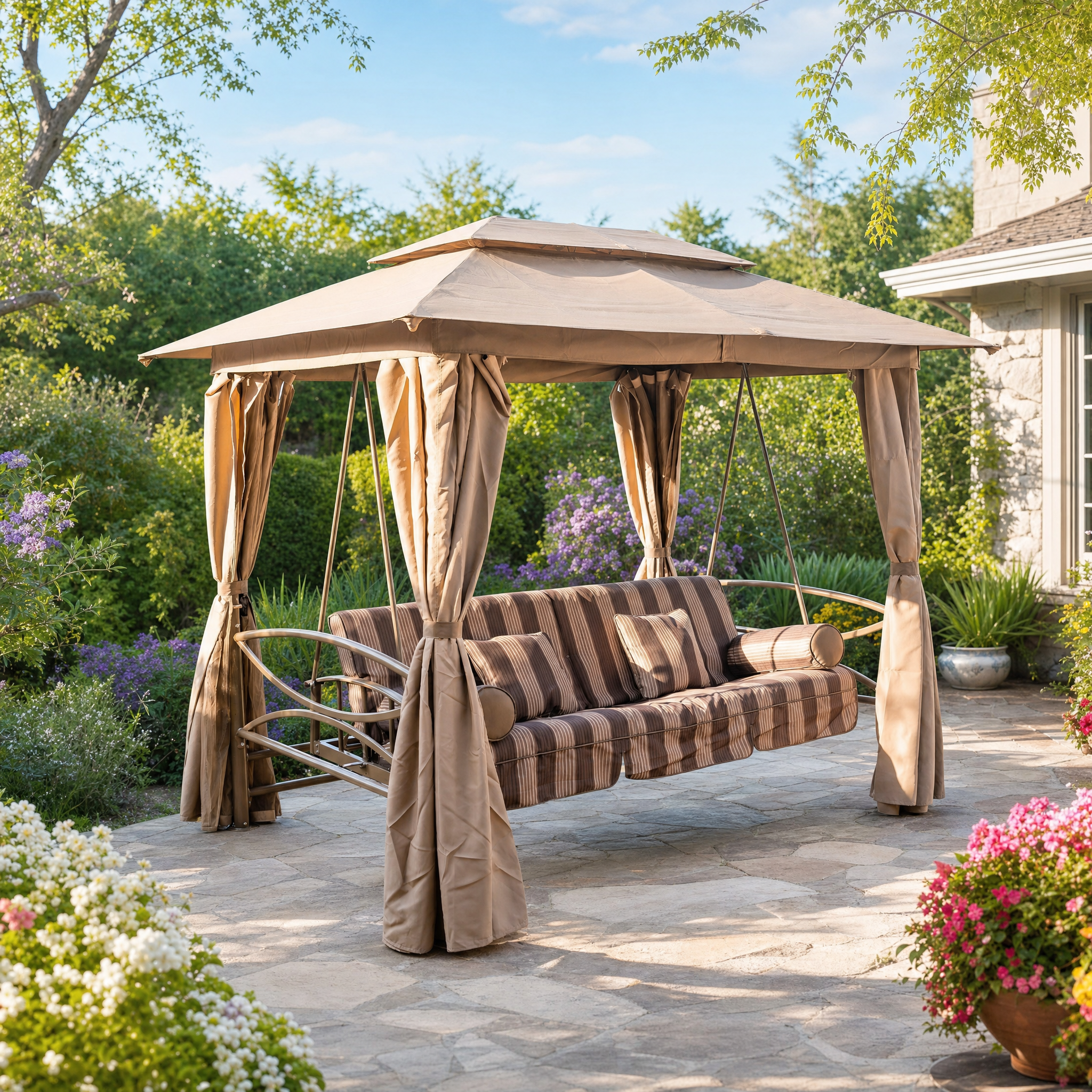 Purple Leaf 3-Person Porch Swing Gazebo - garden patio lifestyle