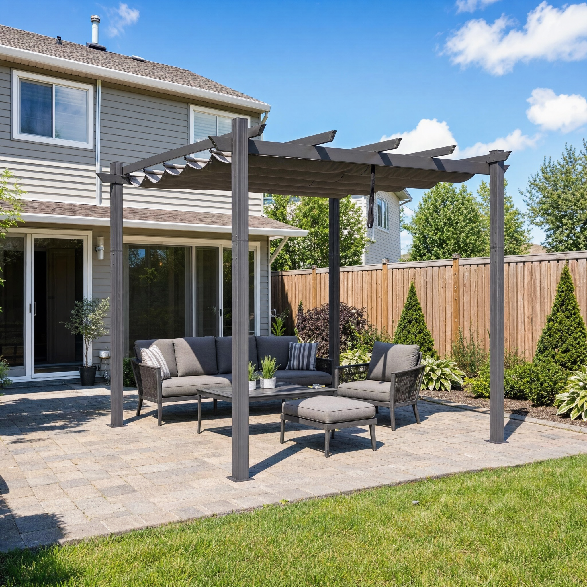 Purple Leaf Retractable Pergola - suburban backyard patio lifestyle
