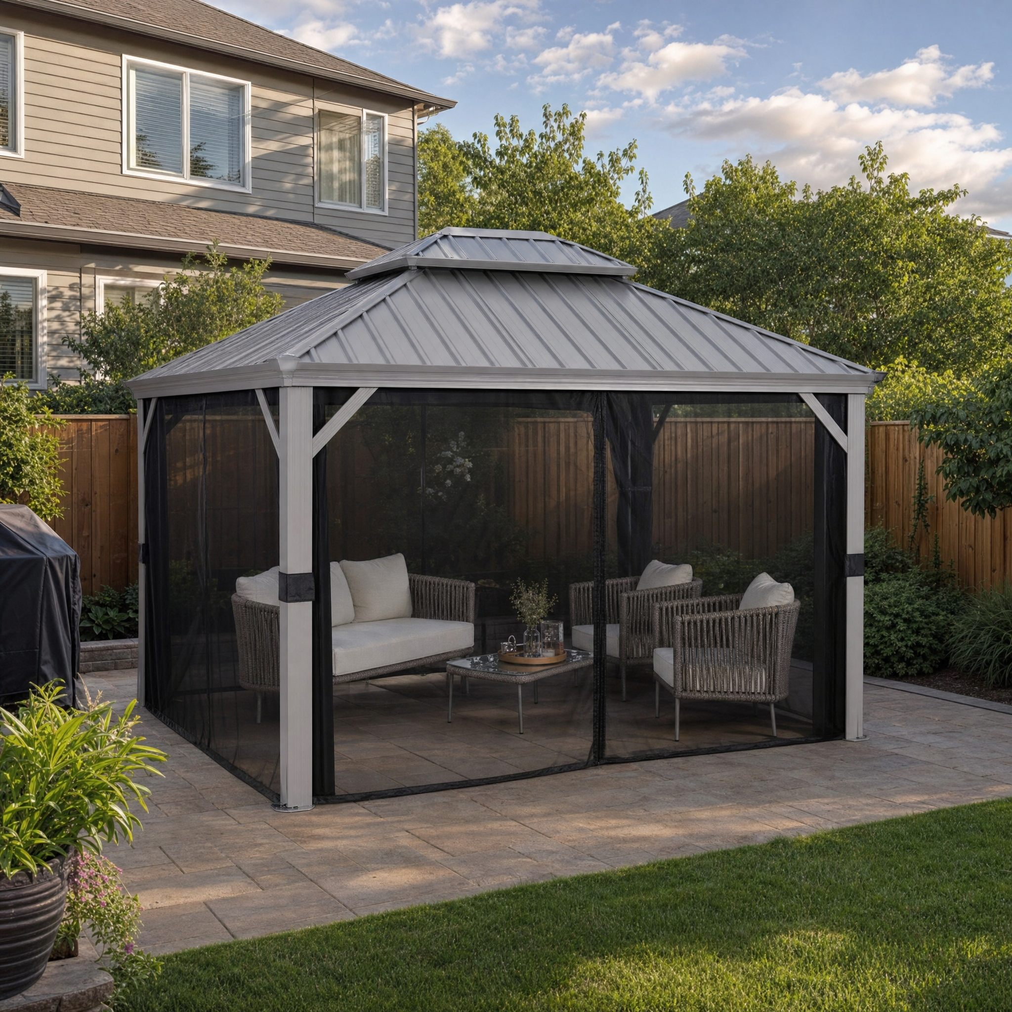 Purple Leaf Grey Hardtop Gazebo - residential backyard lifestyle