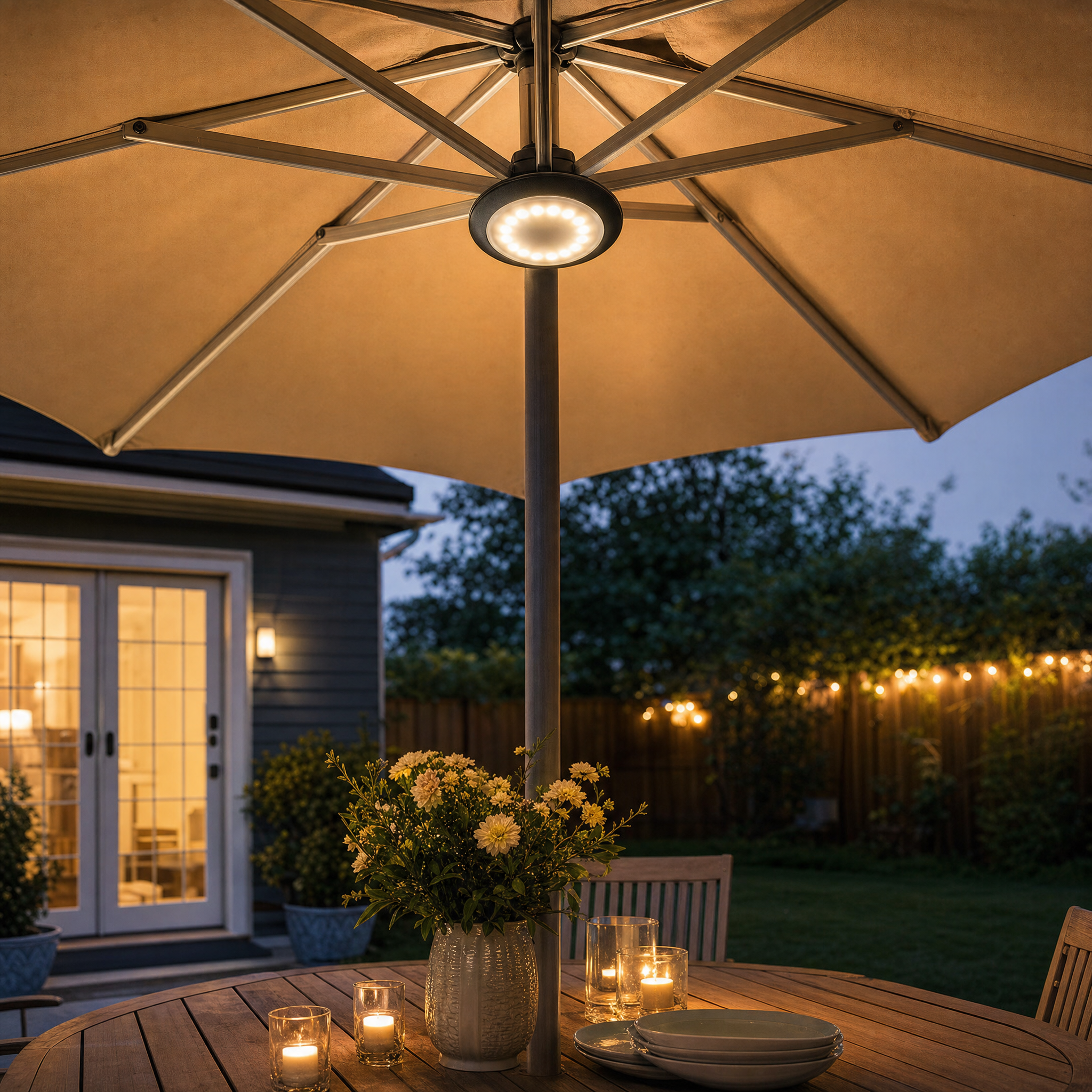 Purple Leaf Patio Umbrella Light - backyard dusk dinner lifestyle