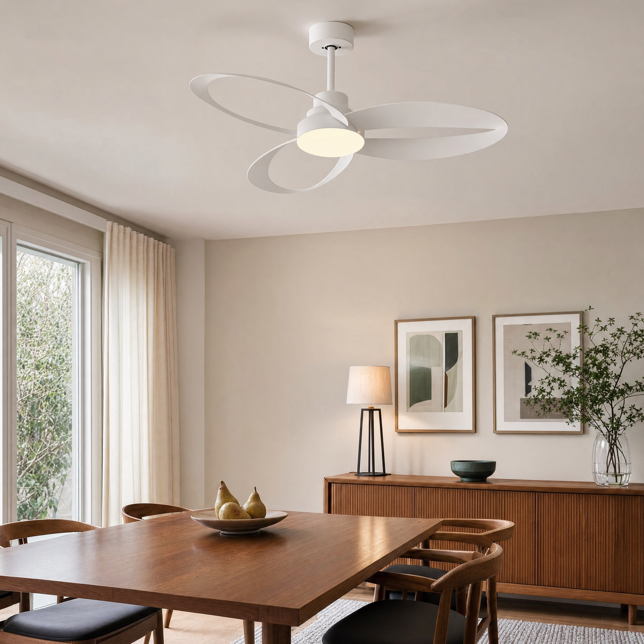Geometric White Ceiling Fan Light - dining room lifestyle