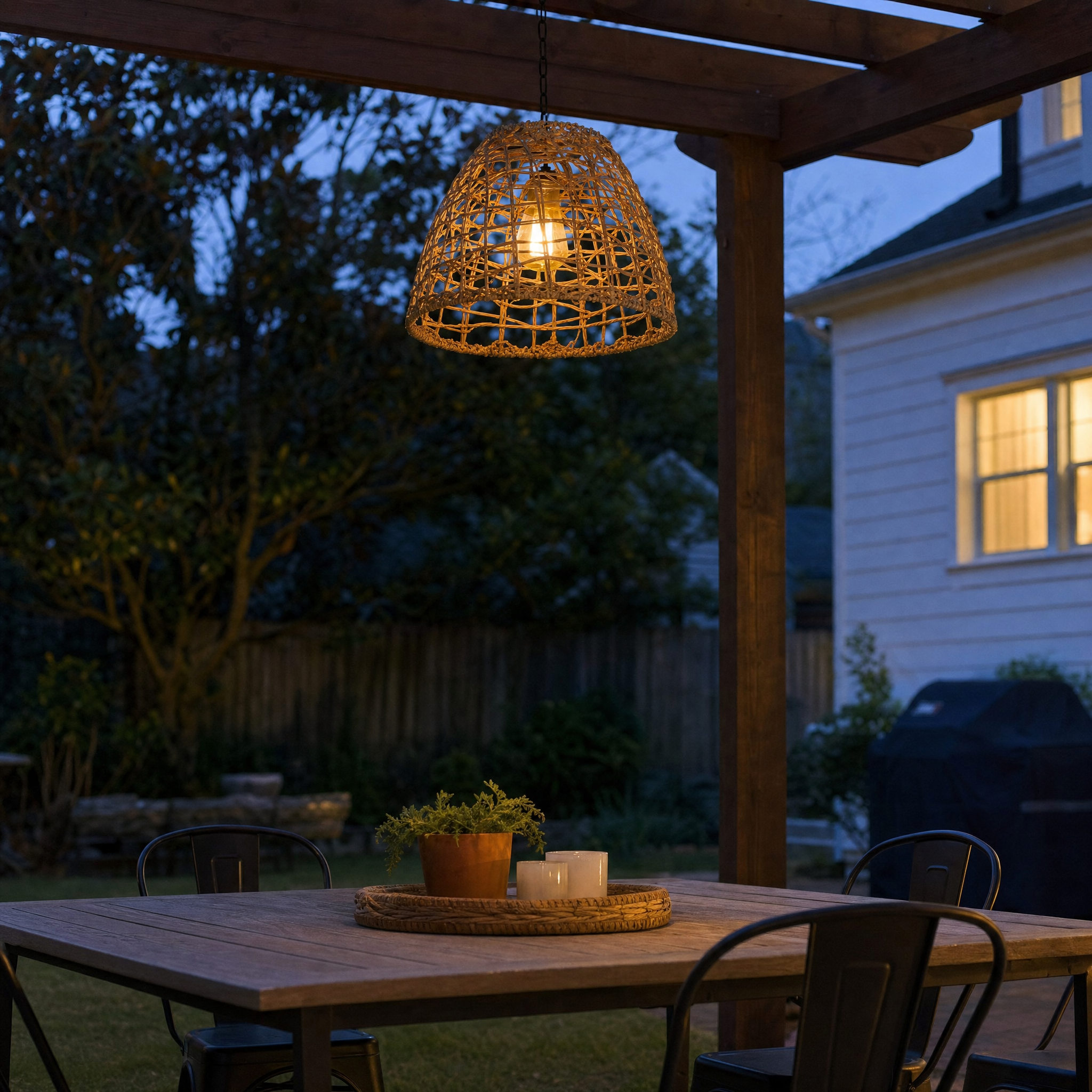 Bell-shaped woven rattan outdoor pendant lantern glowing over a patio table at dusk