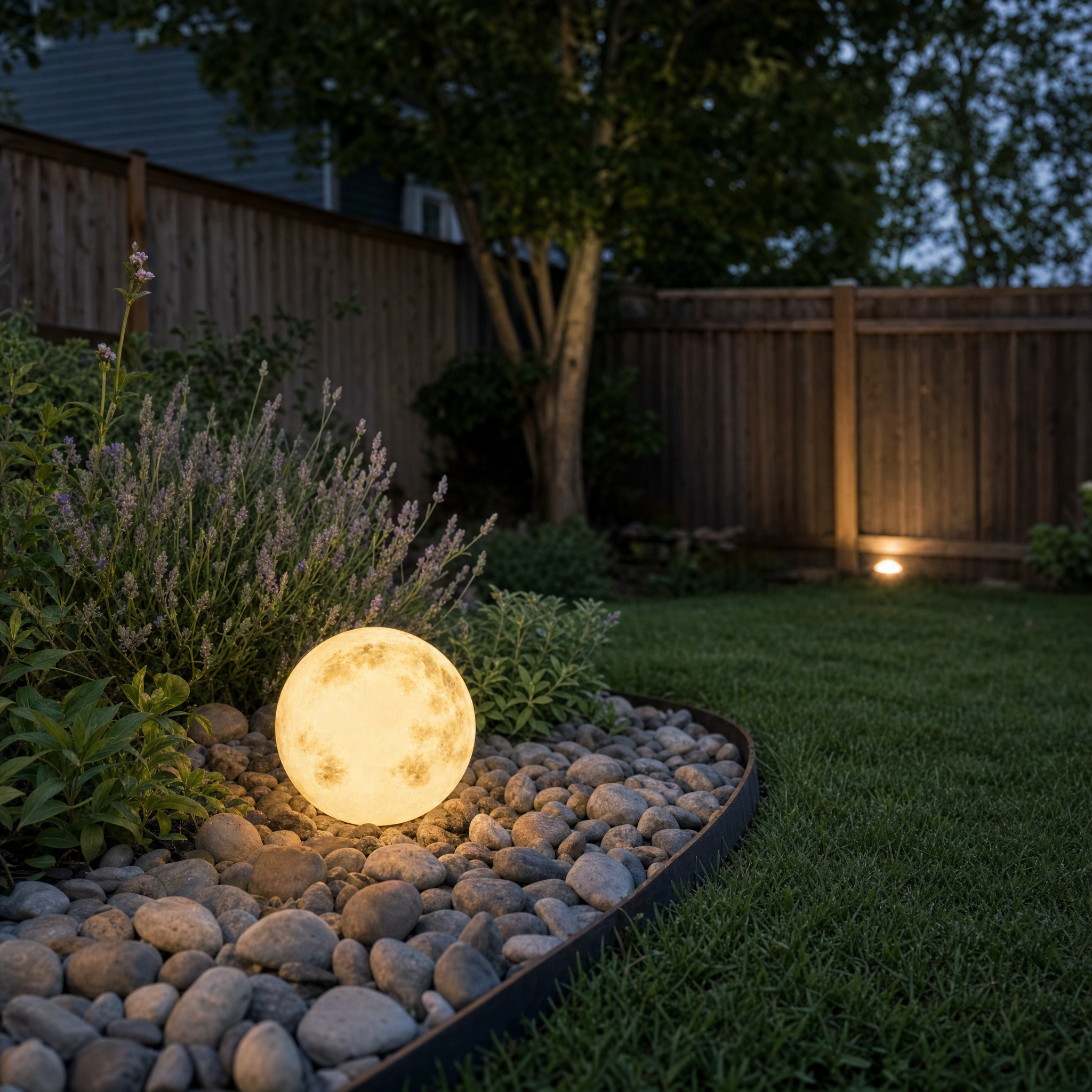 Glowing moon ball lawn light with lunar crater texture on garden pebbles at dusk