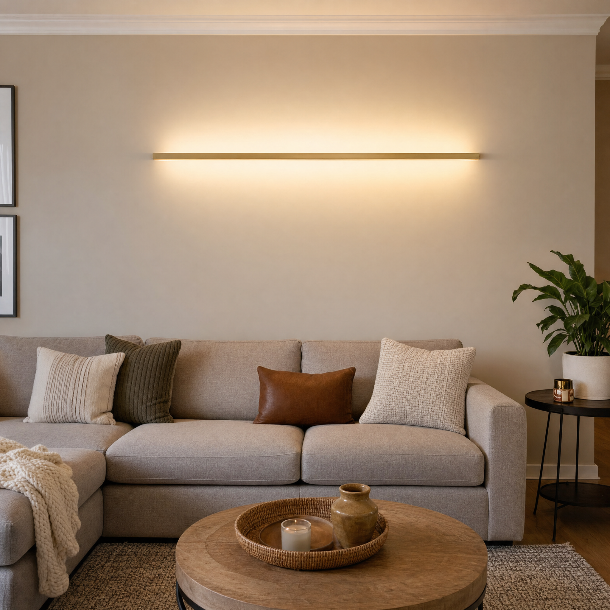 Wood up & down LED strip wall sconce above living room sofa