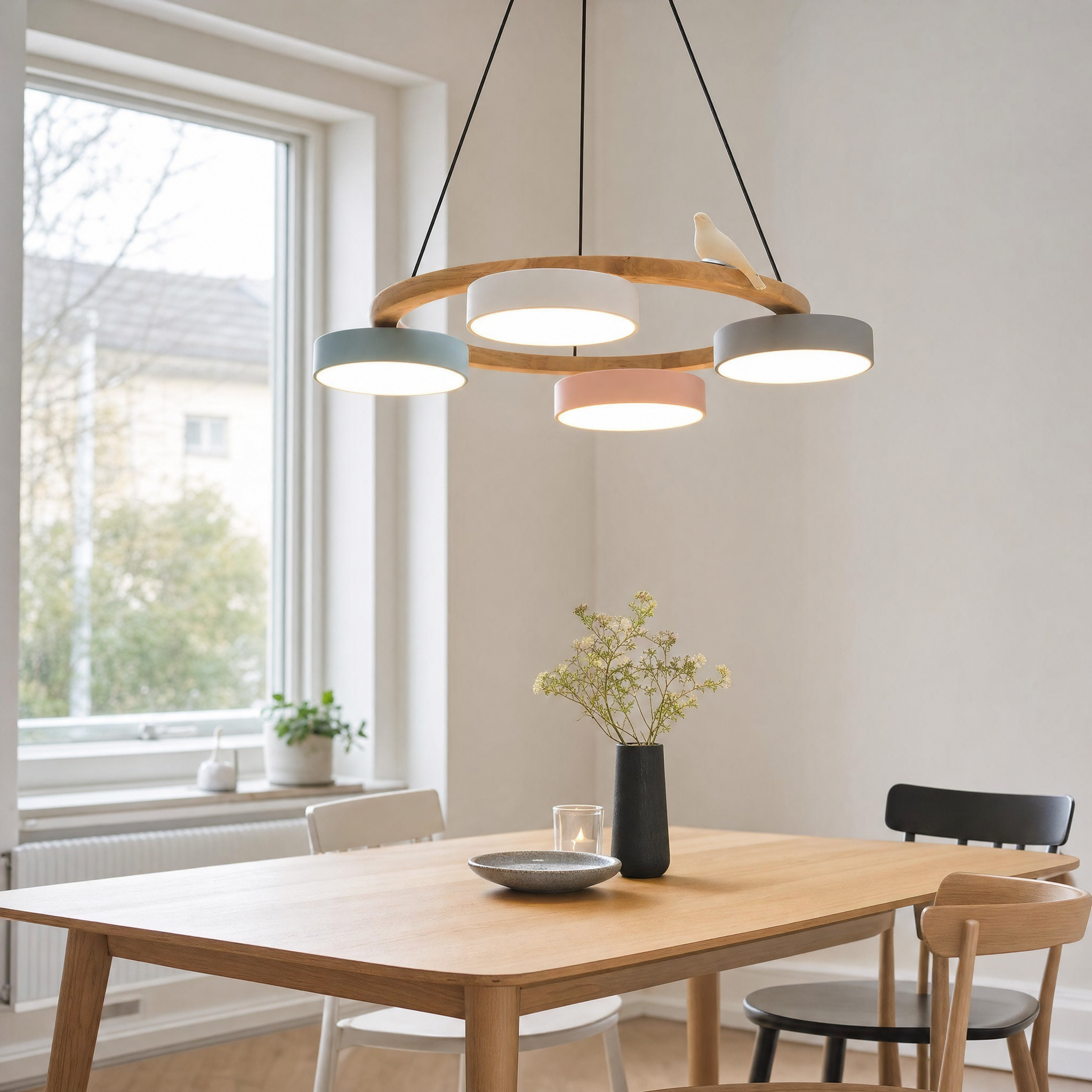 Wood-ring chandelier with colorful macaron discs and white bird figurine