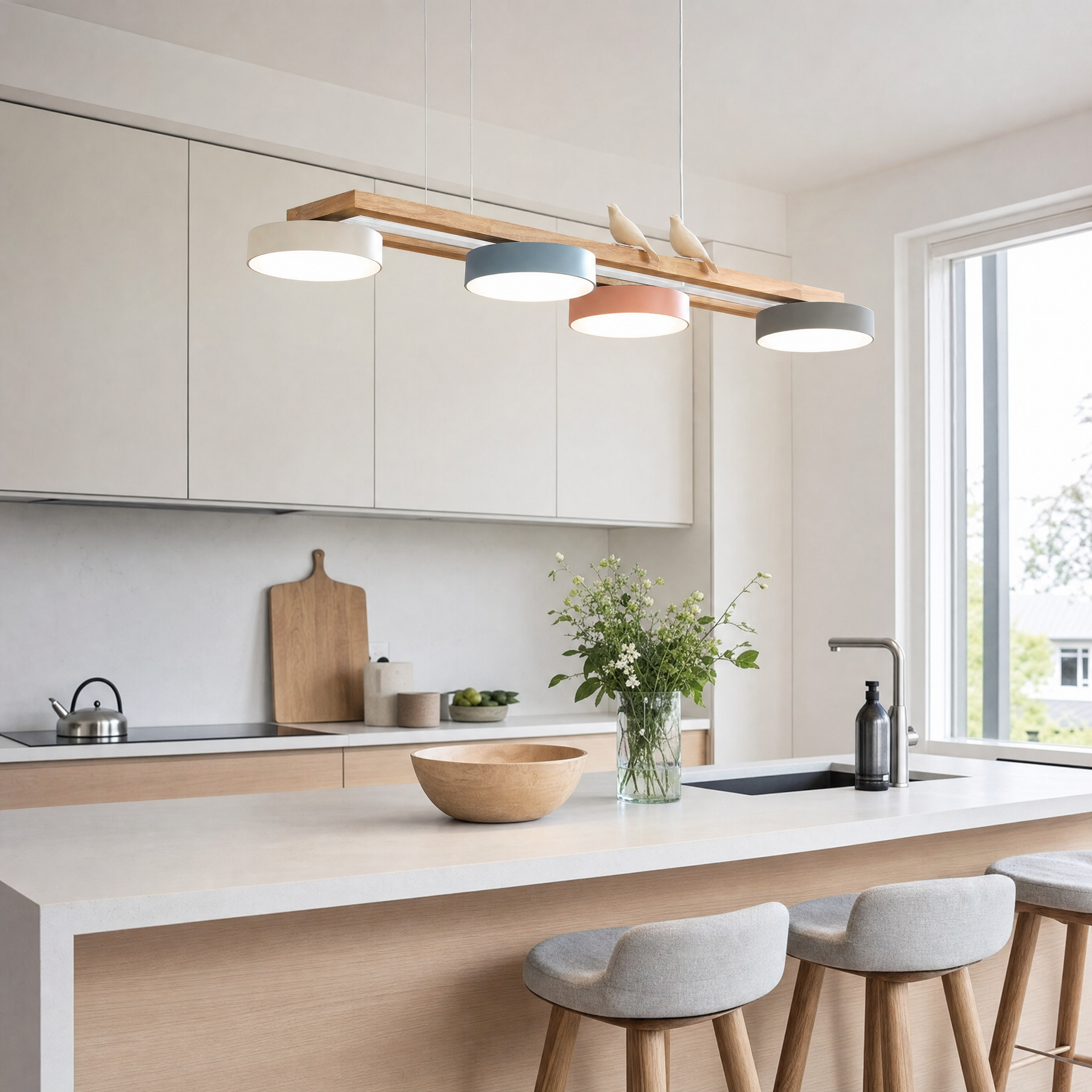 Long wood-bar chandelier with colorful macaron discs and white birds over kitchen island
