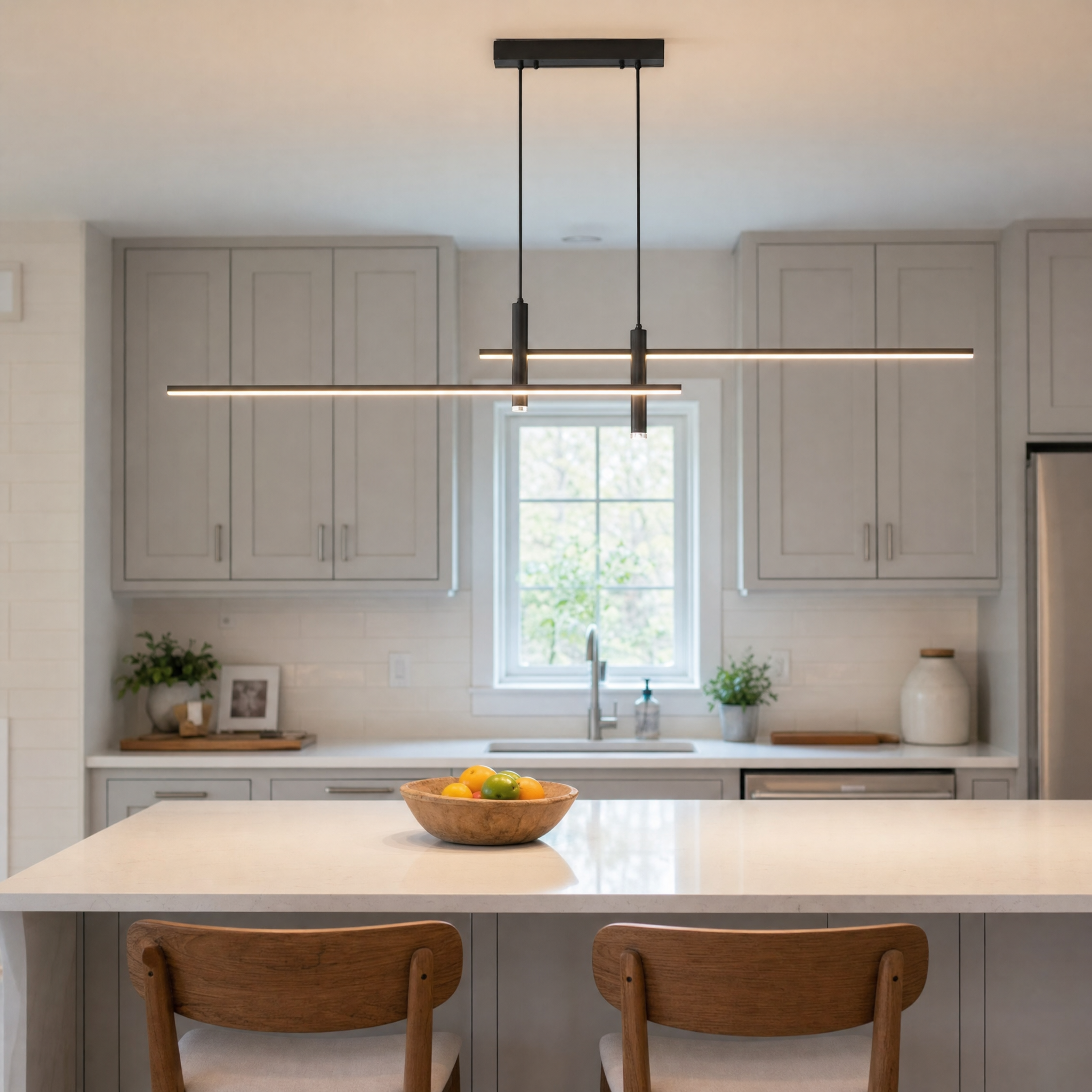 Minimalist LED long strip pendant over kitchen island