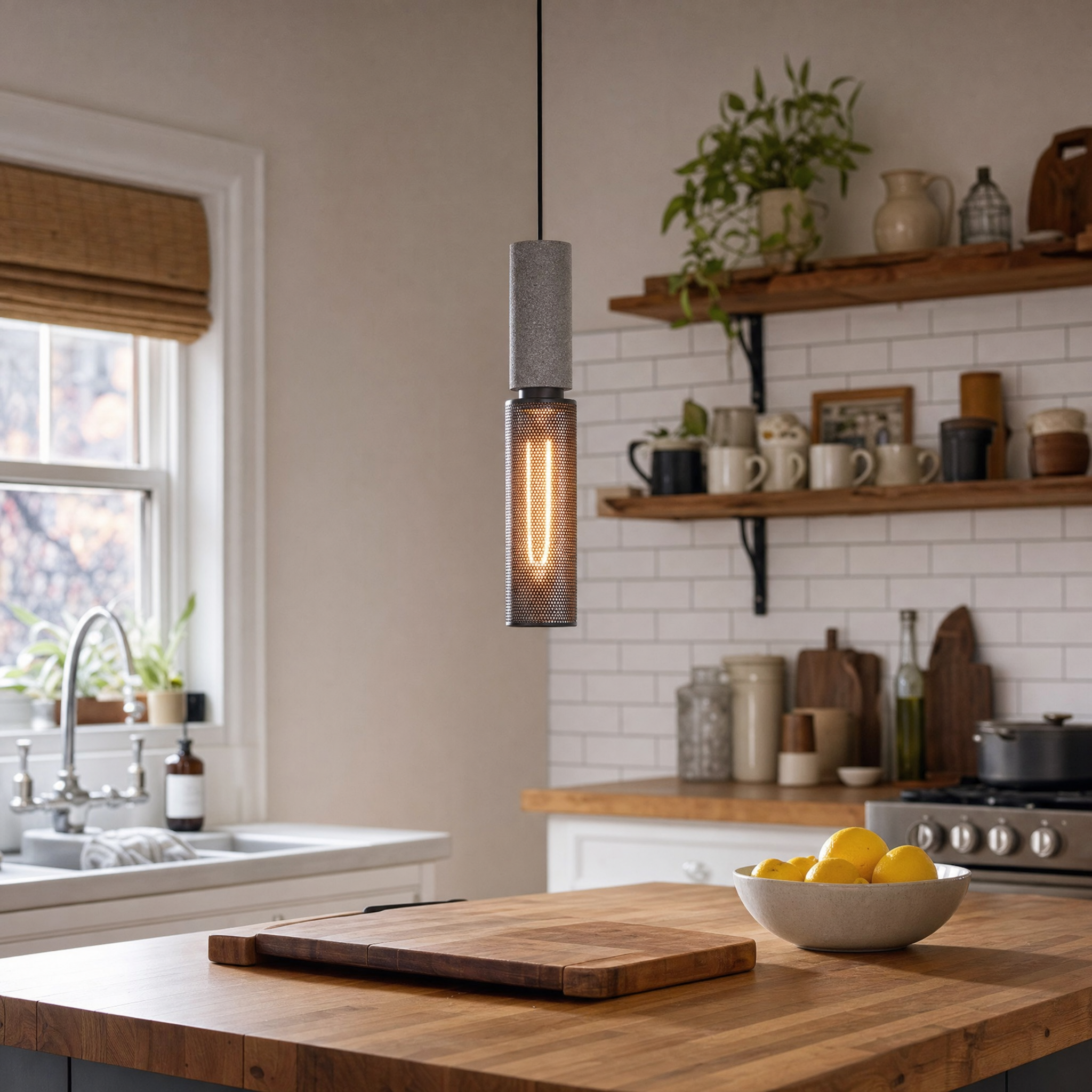 Concrete cylinder pendant over kitchen island