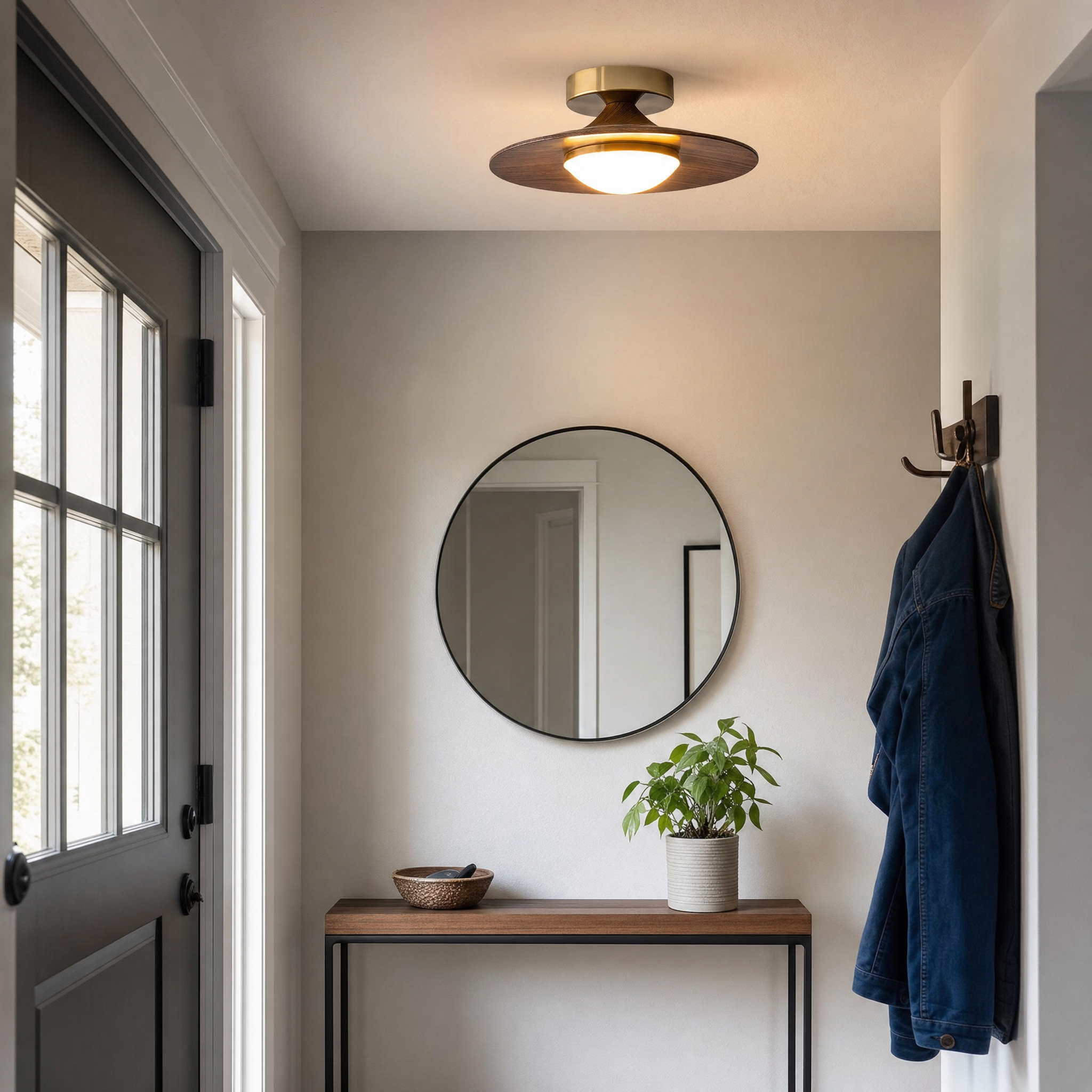 Olav walnut disc ceiling lamp in entryway