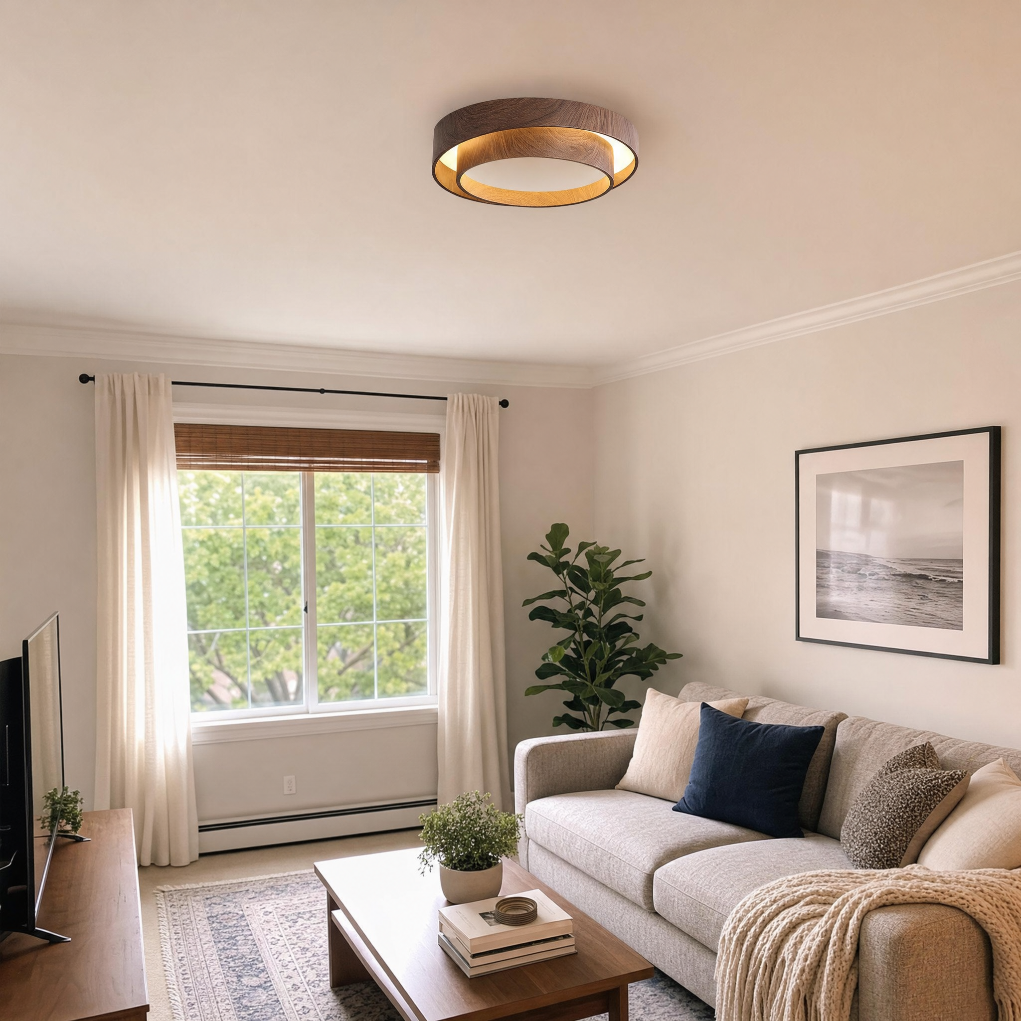 Vaako walnut double-ring flush mount ceiling light in living room
