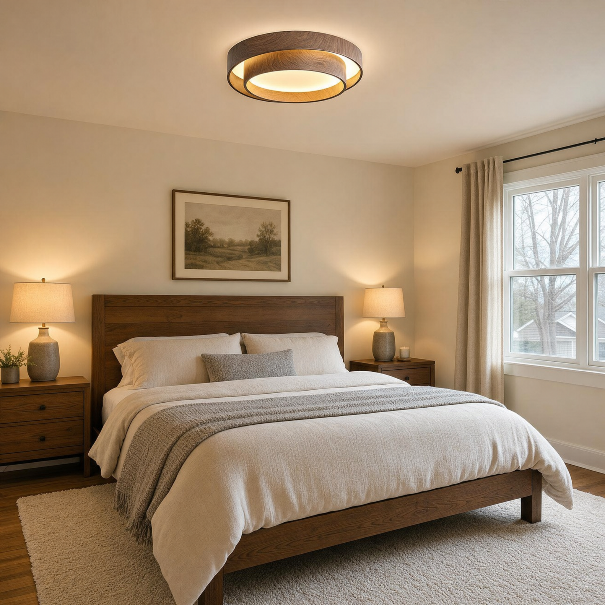 Vaako walnut double-ring flush mount ceiling light in bedroom