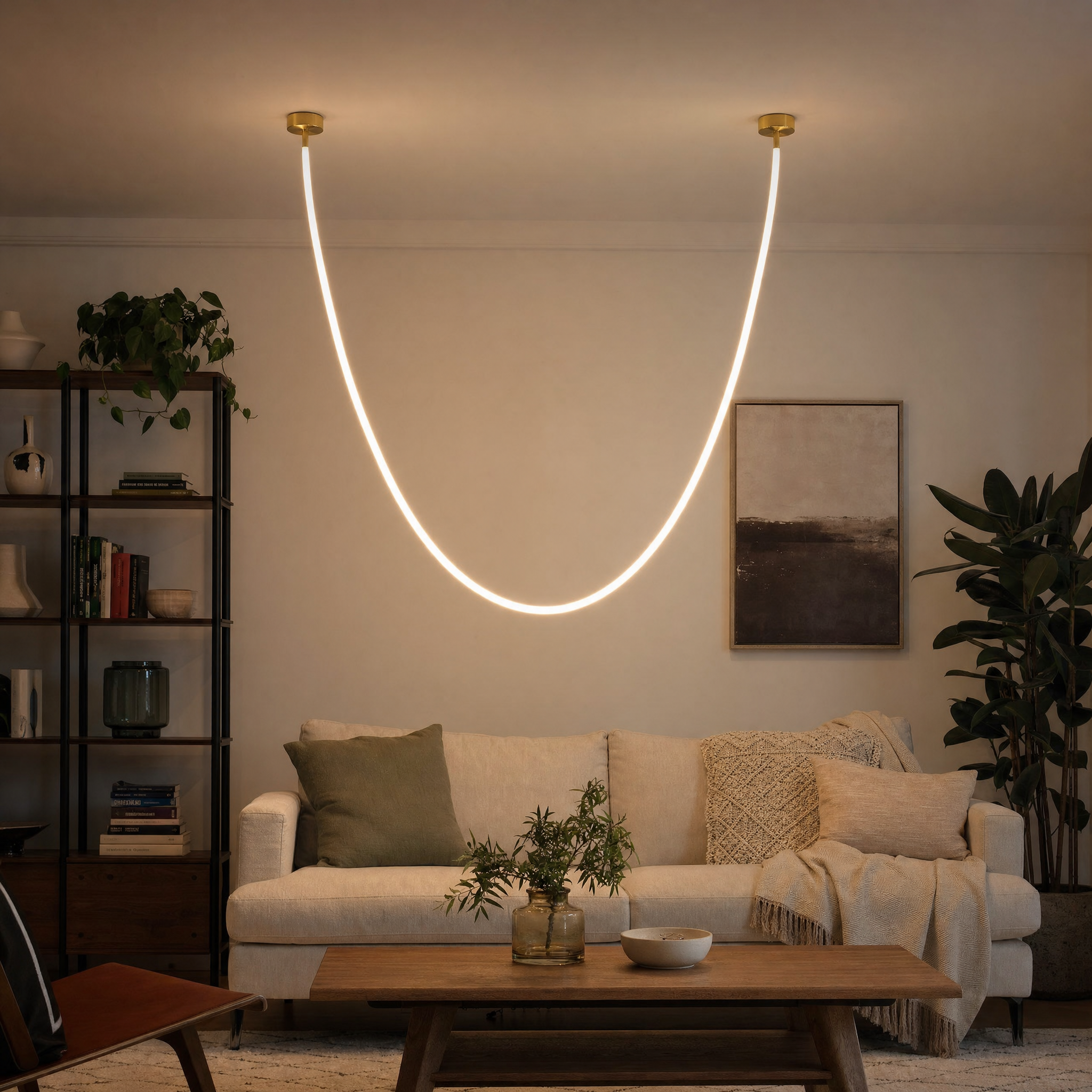 Flex LED neon tube pendant spanning living room ceiling