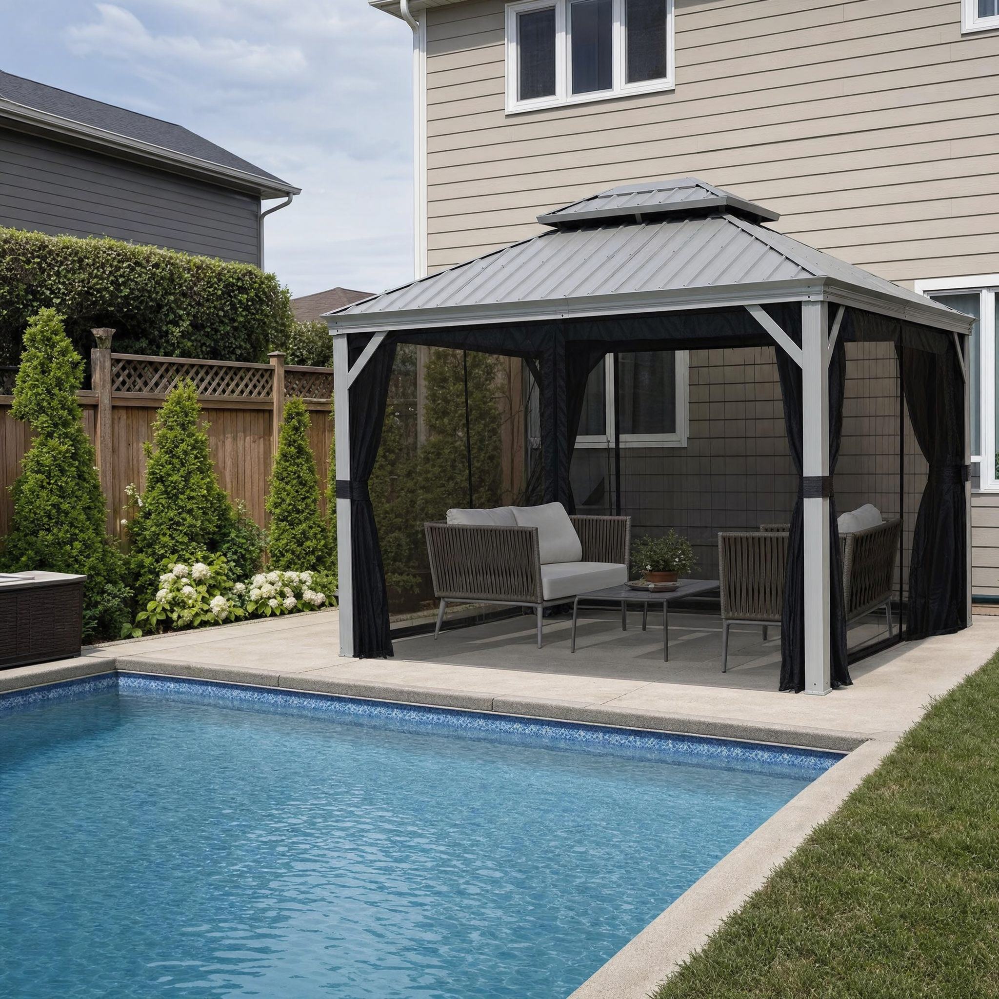 Grey double-tier hardtop gazebo with netting and grey wicker sofa lounge by pool