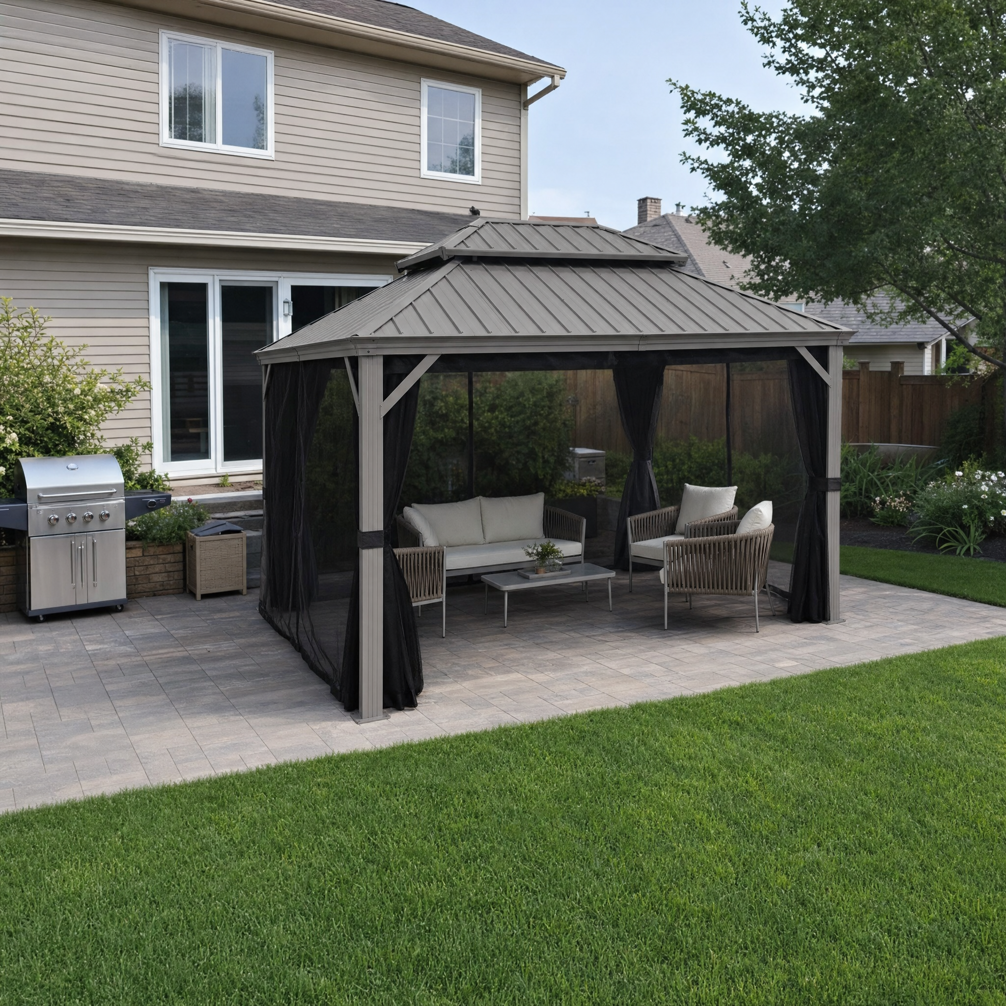 Light-grey hardtop gazebo with grey wicker lounge set on backyard patio