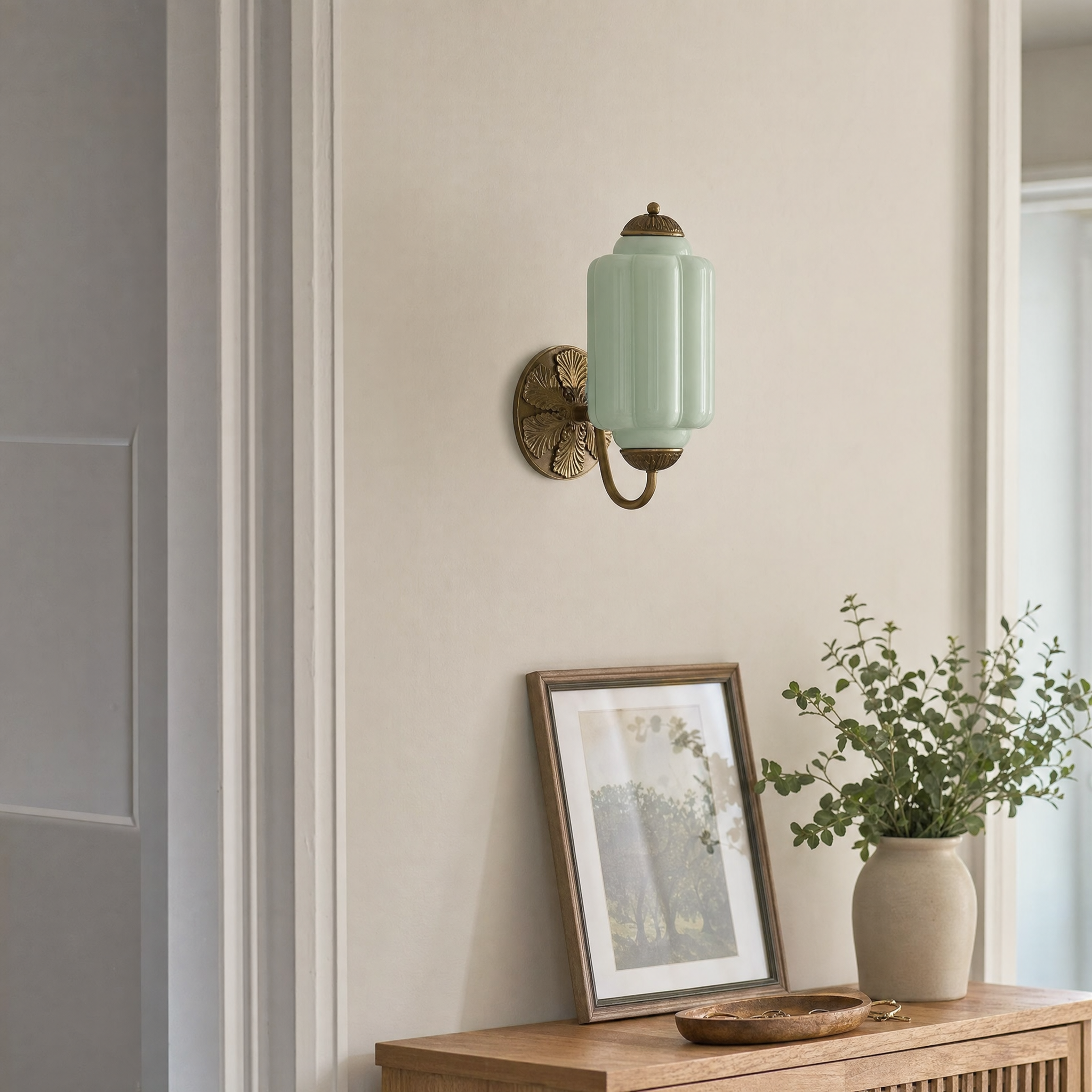 Eloise Milk Glass Sconce - hallway lifestyle