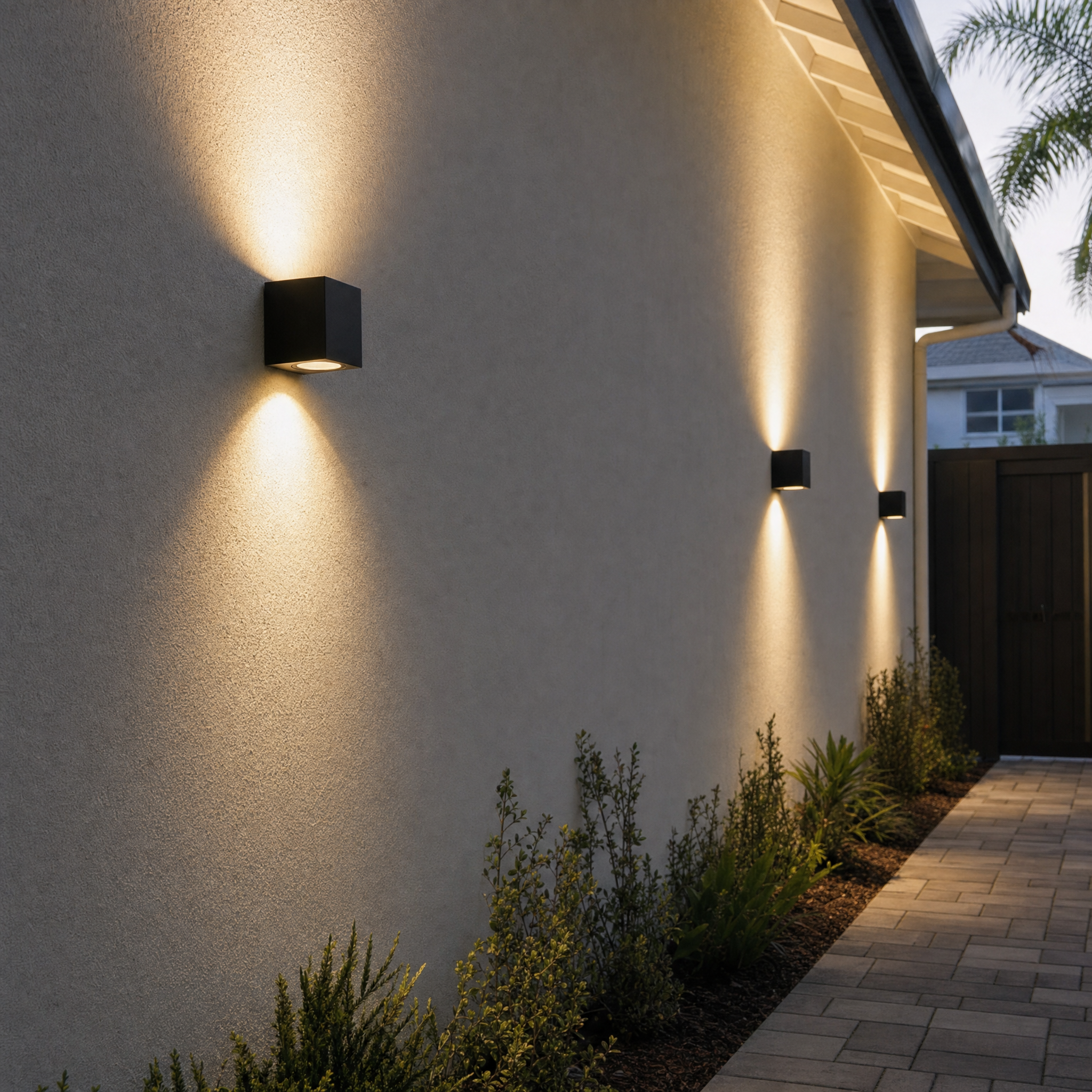 Square wall washers along a paver walkway in the evening