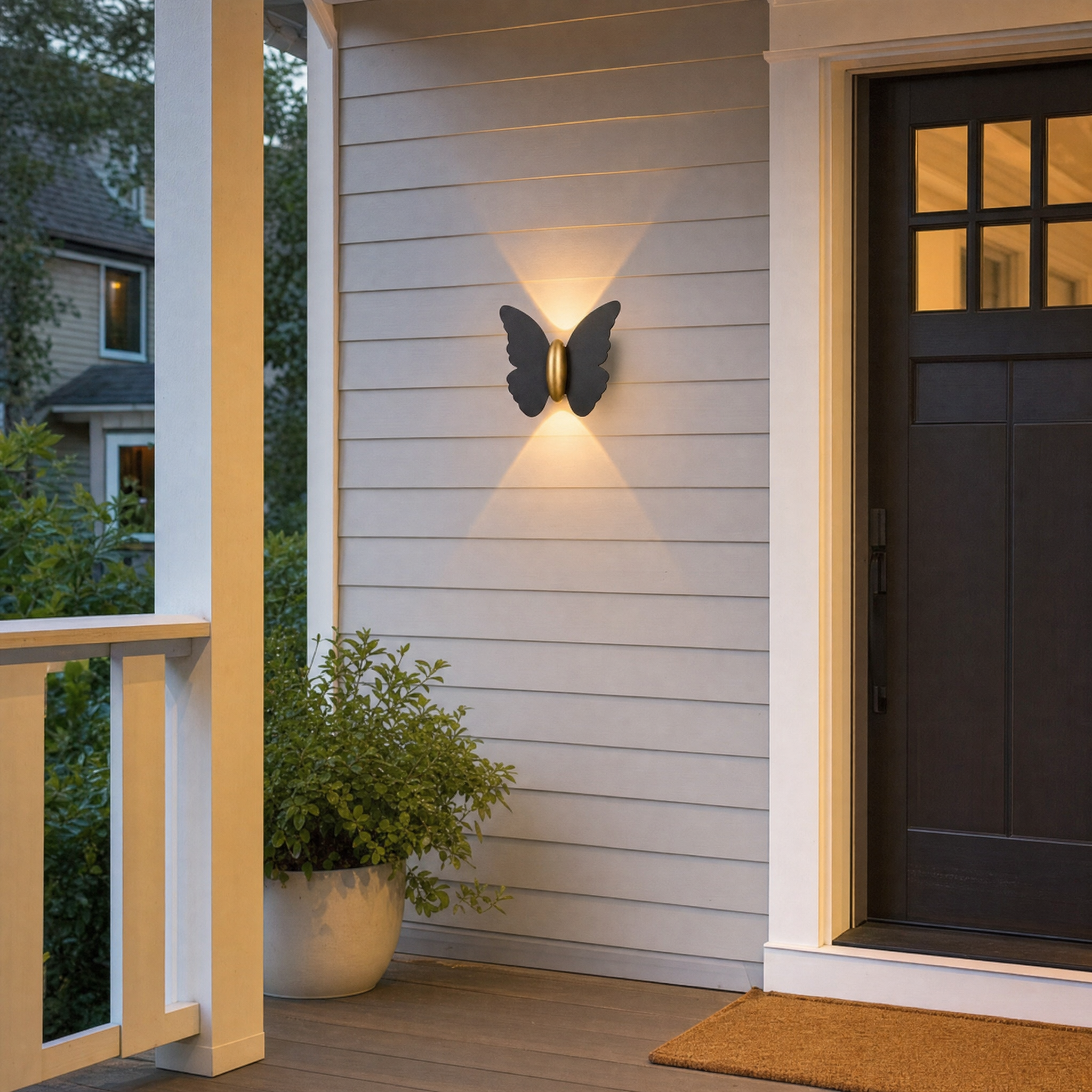 Butterfly wall light beside front door on a craftsman porch