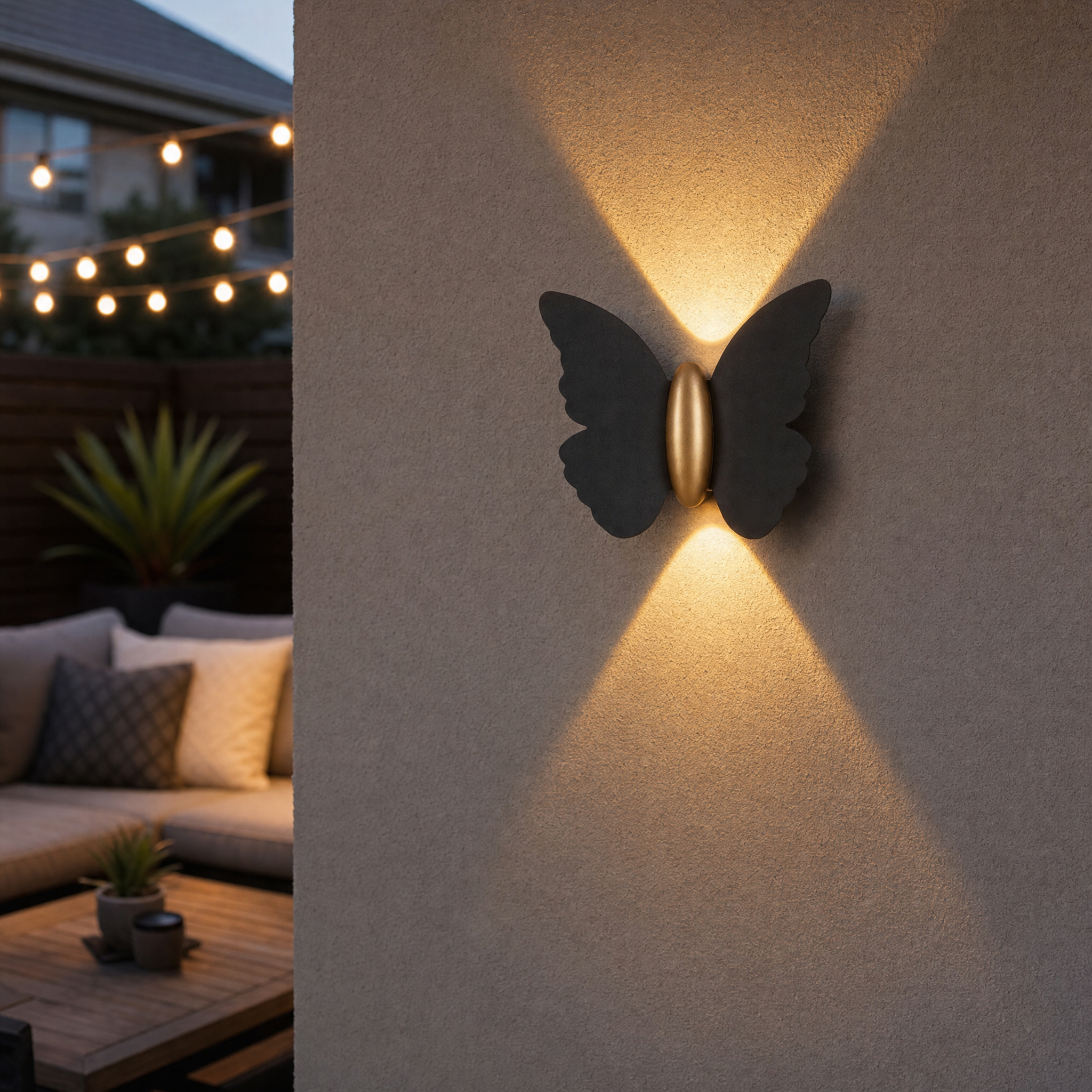 Butterfly wall light by a backyard lounge area at evening