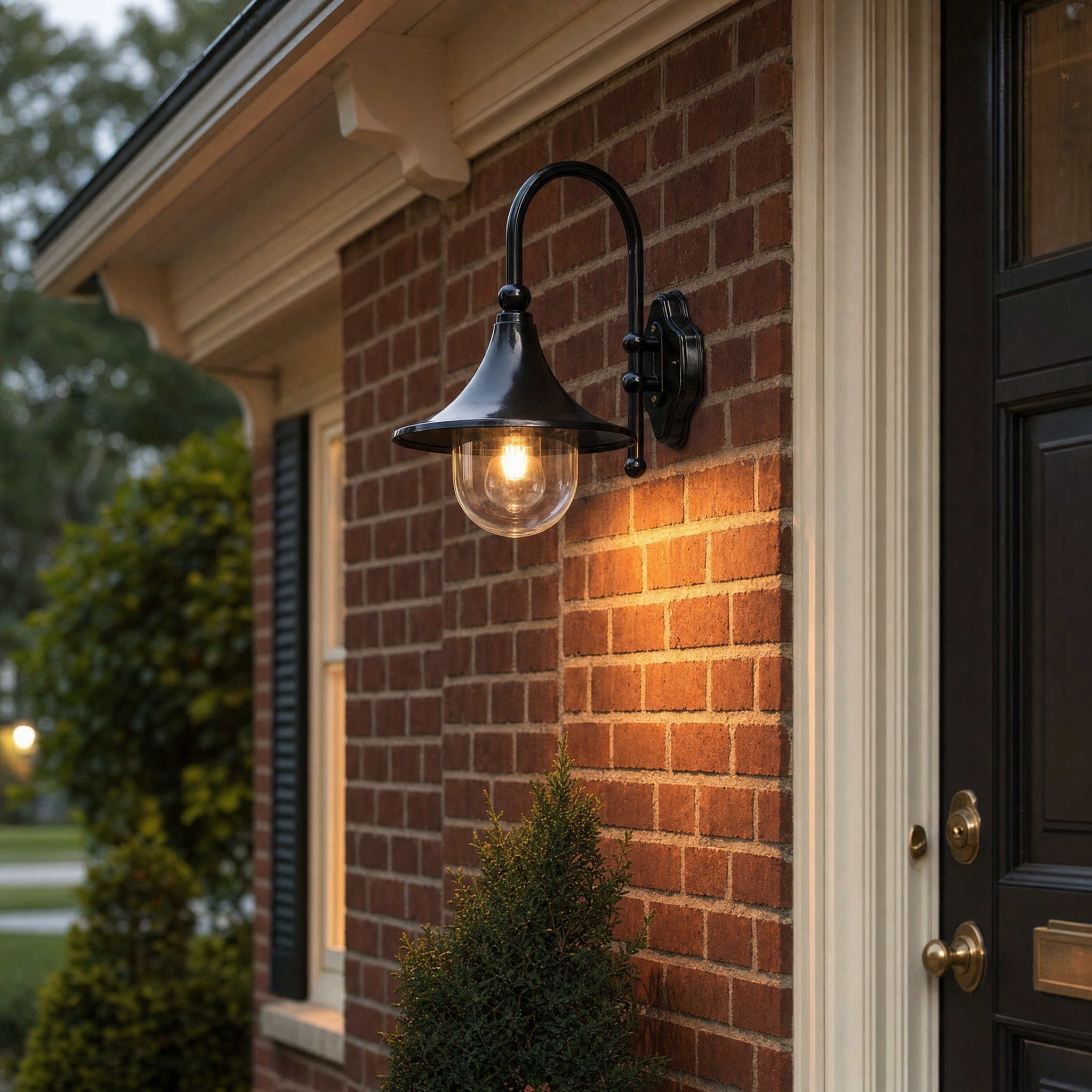 Vintage gooseneck wall lantern on a red brick facade at dusk