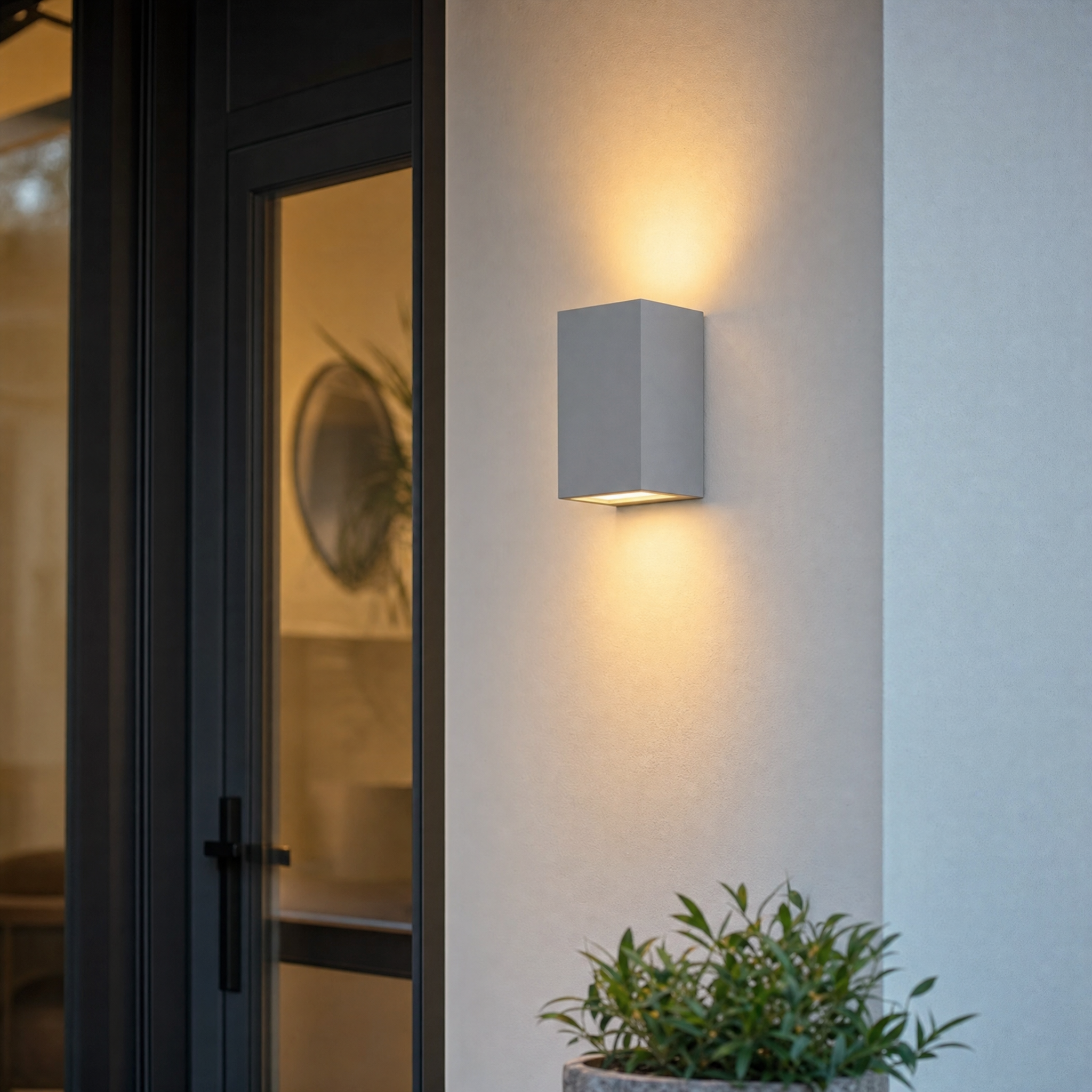 Minimalist grey up and down wall light beside glass patio door