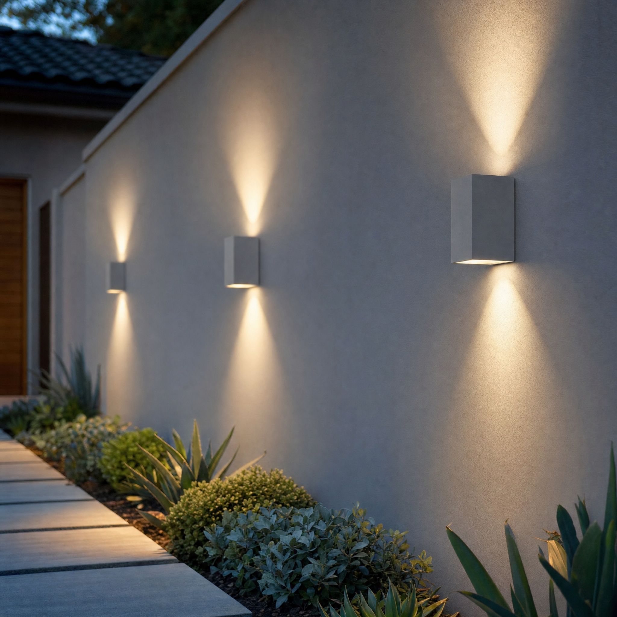 Grey up and down wall lights along landscaped exterior wall at dusk