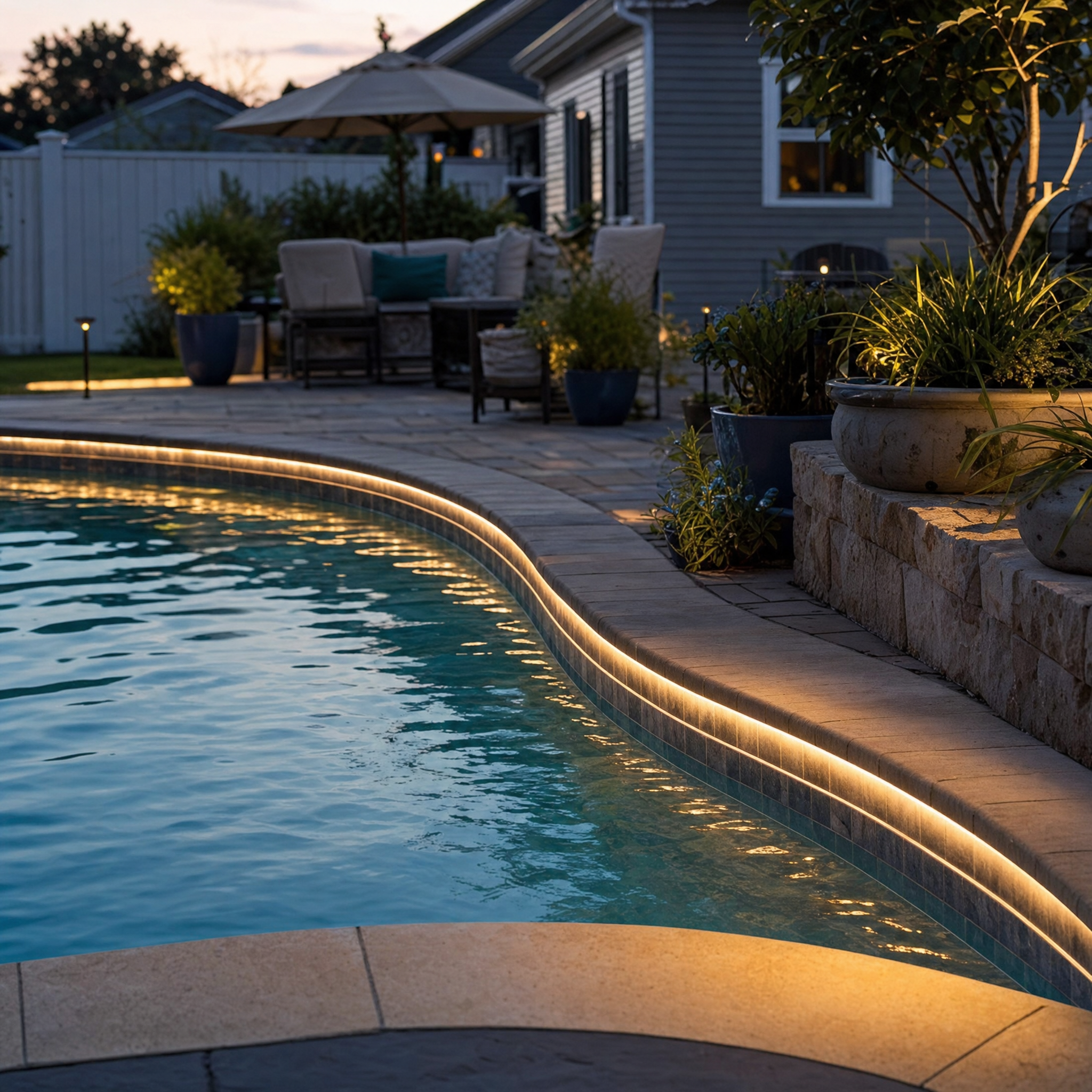 Warm LED strip lighting along a backyard pool coping at dusk
