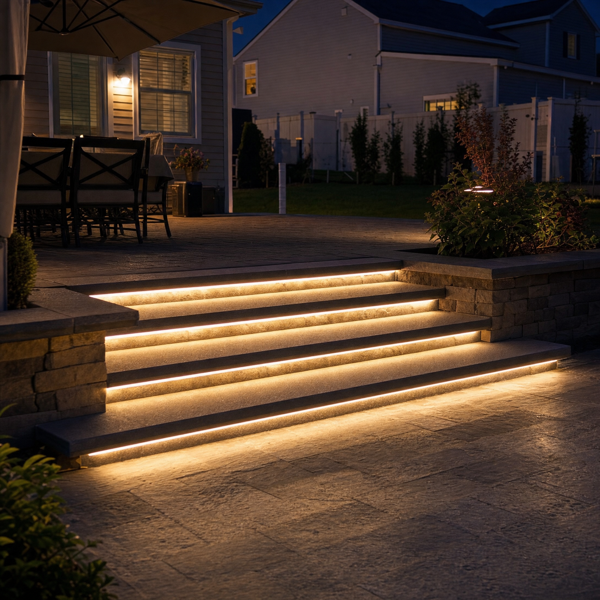 Warm LED strip lighting under patio step treads at night