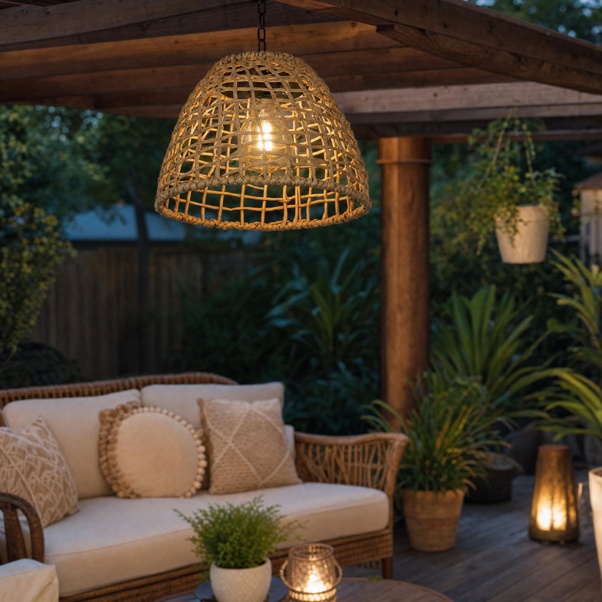 Woven rattan bell pendant over a boho pergola lounge at dusk
