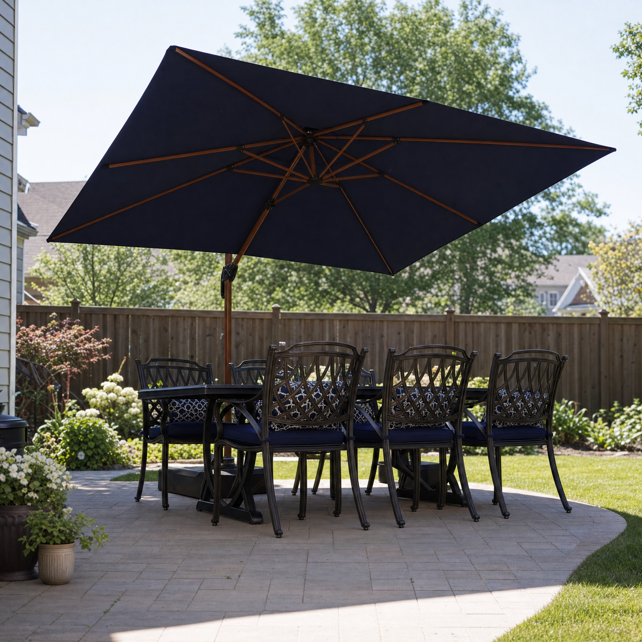 Rectangular wood-canopy cantilever patio umbrella over a bronze dining set on a backyard paver patio