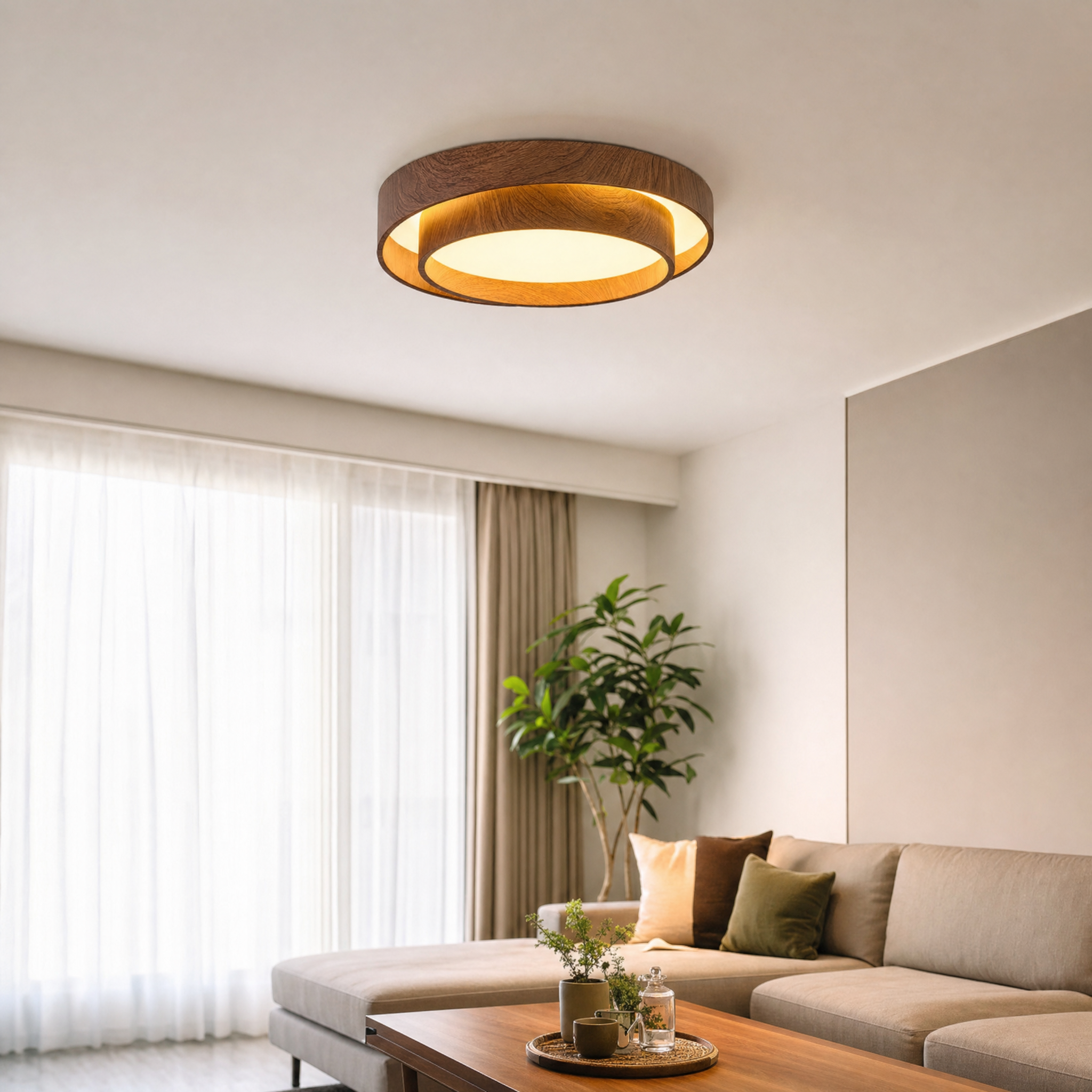 Vaako wood ring ceiling lamp in living room