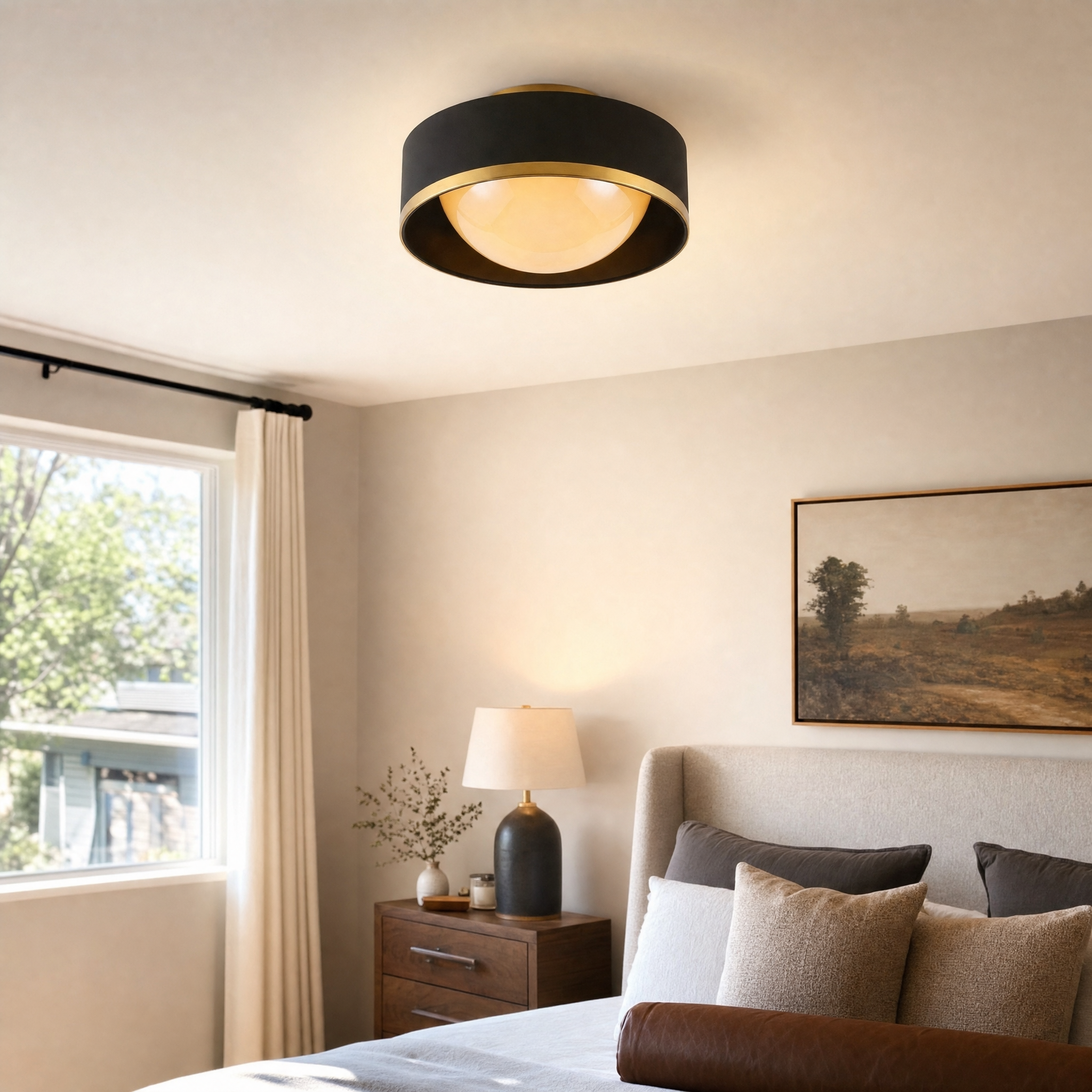 Cerova black and brass flush mount ceiling light in a modern bedroom