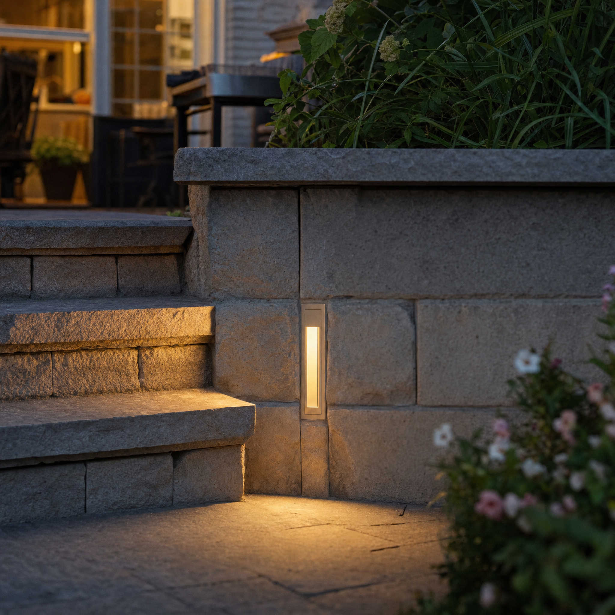 Recessed LED step light in stone wall beside steps at dusk