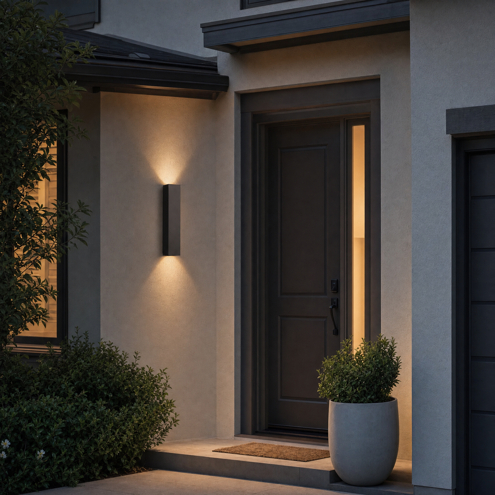 Outdoor up and down exterior wall light beside front door at dusk