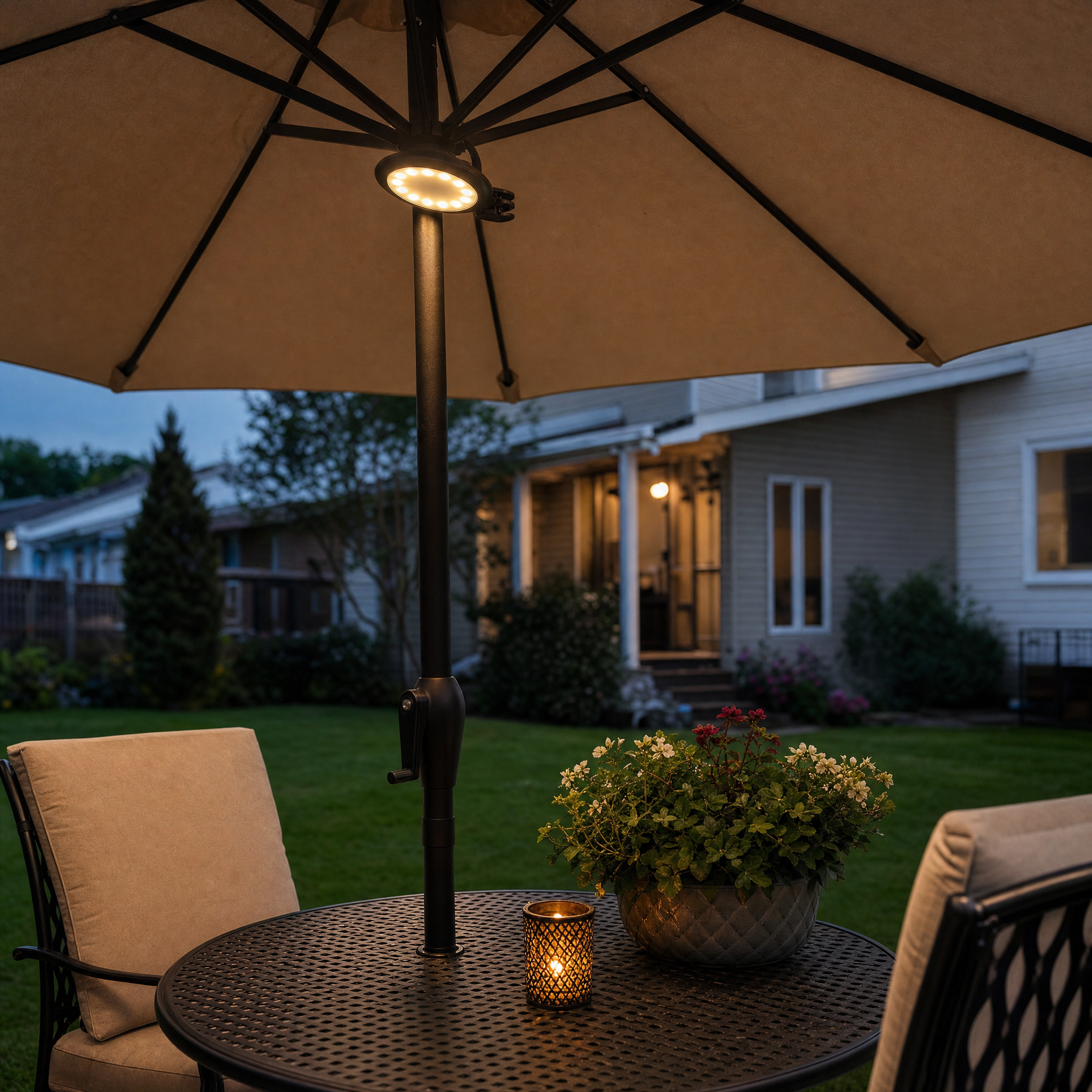 Clip-on patio umbrella LED light glowing over outdoor dining table at dusk