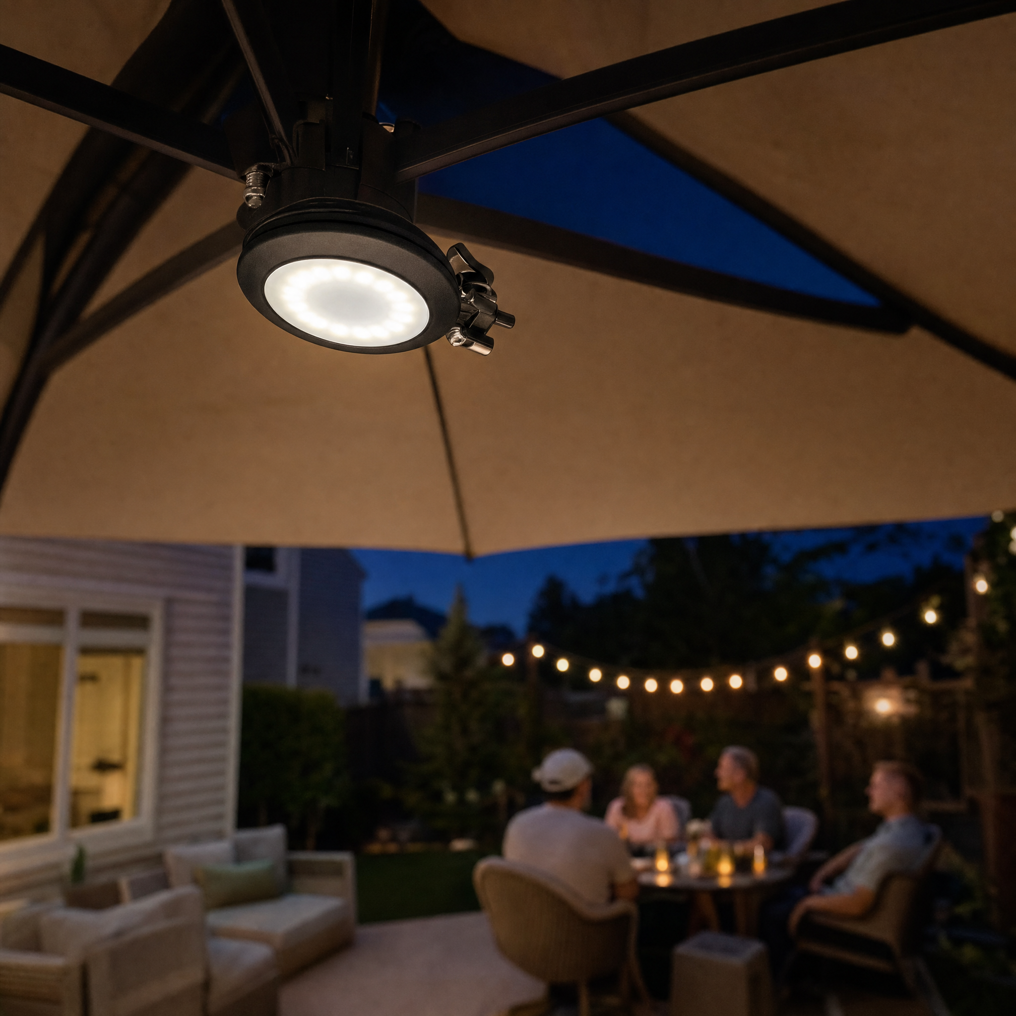Clip-on patio umbrella LED light over backyard gathering with string lights at dusk