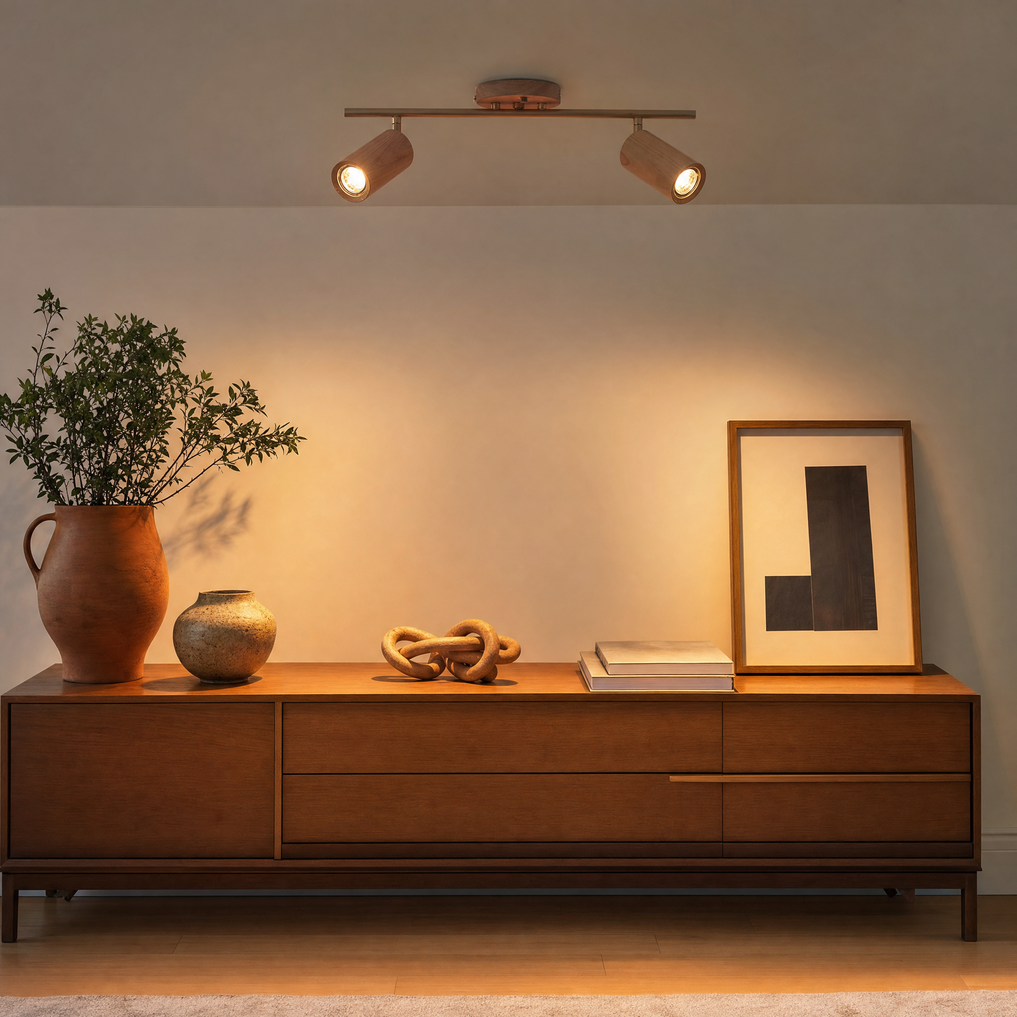 Shaker wood long spotlight over credenza in living room