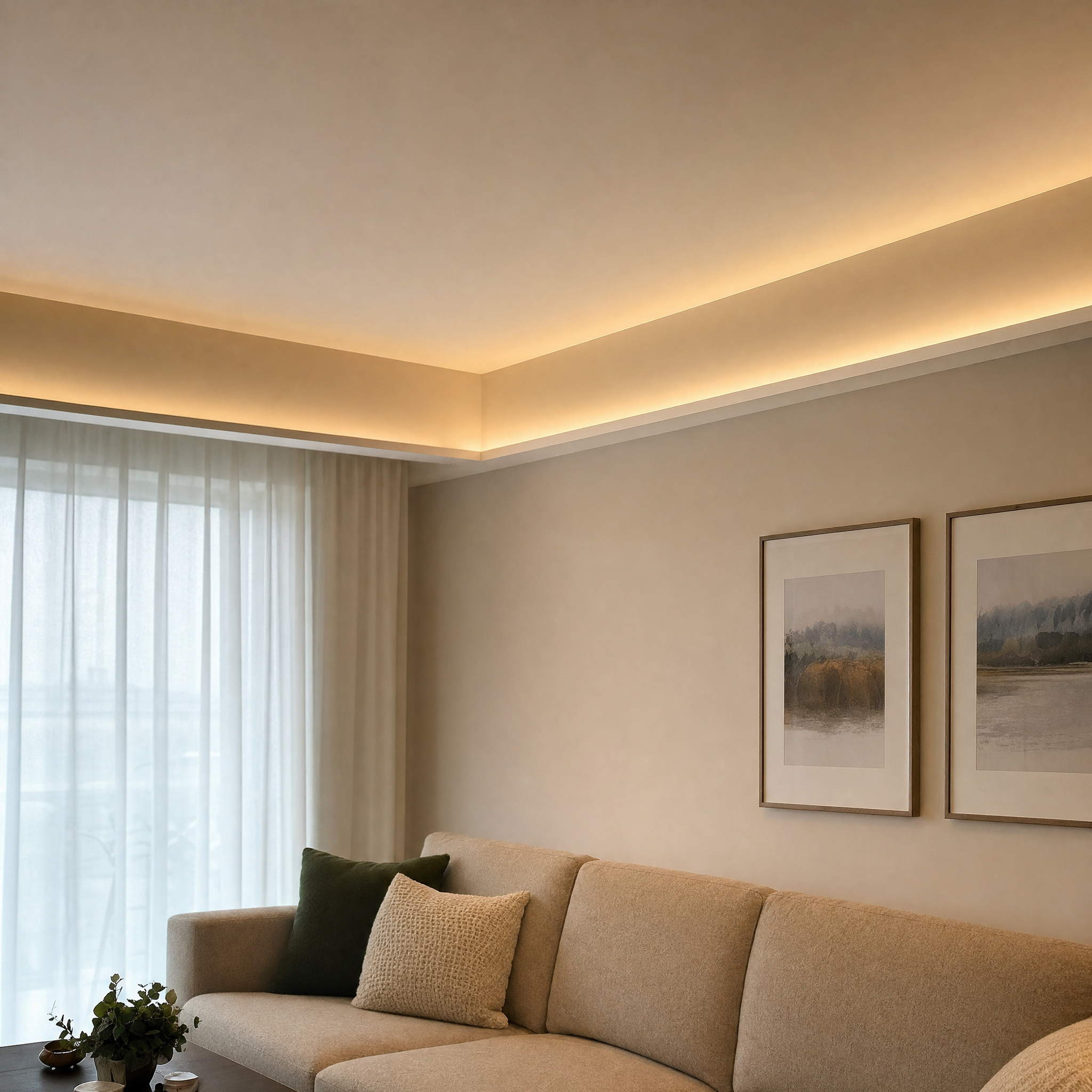 Recessed LED linear cove lighting in modern living room ceiling