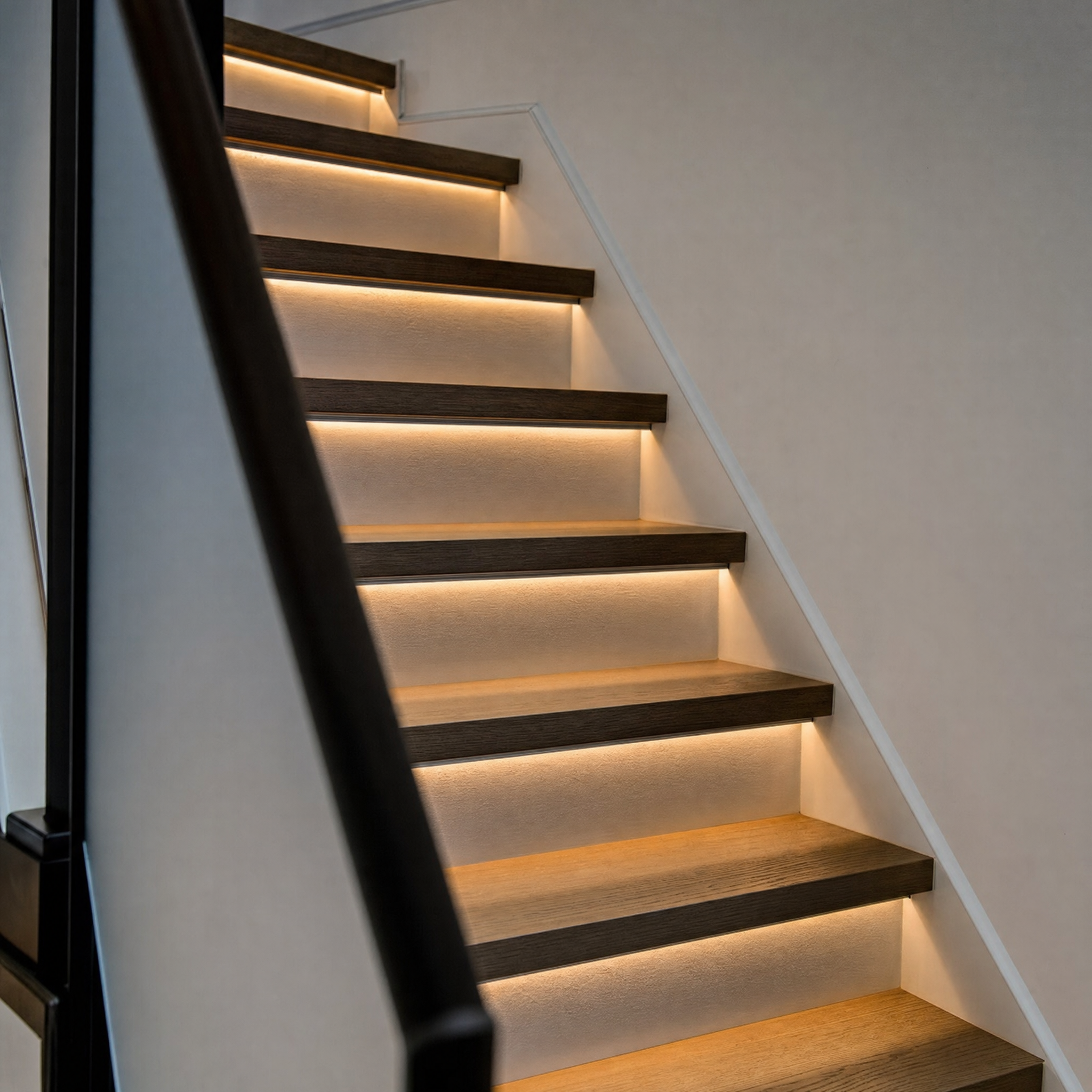 Recessed LED linear strip lighting under staircase steps