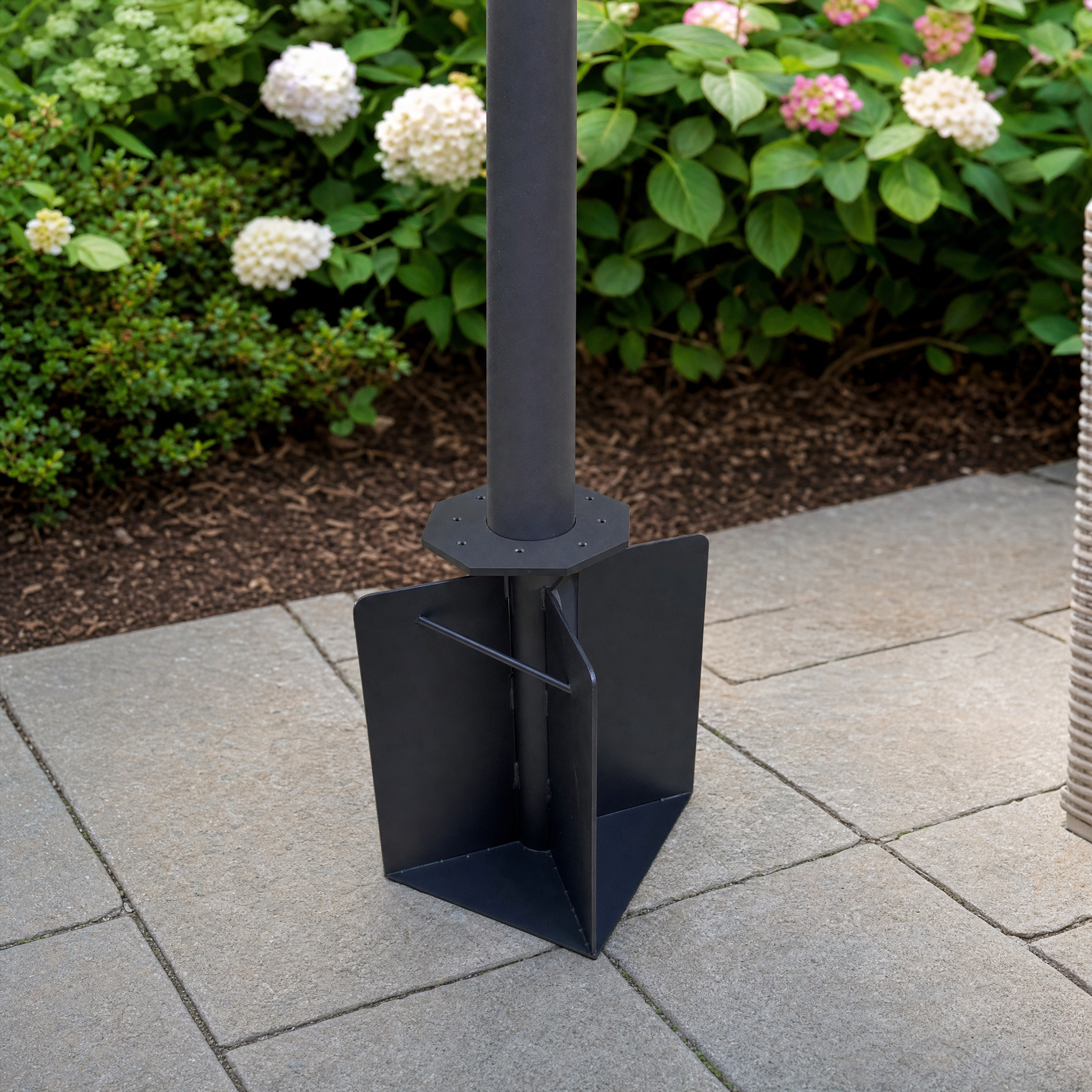 PURPLE LEAF in-ground umbrella base hardware anchoring umbrella post by garden bed