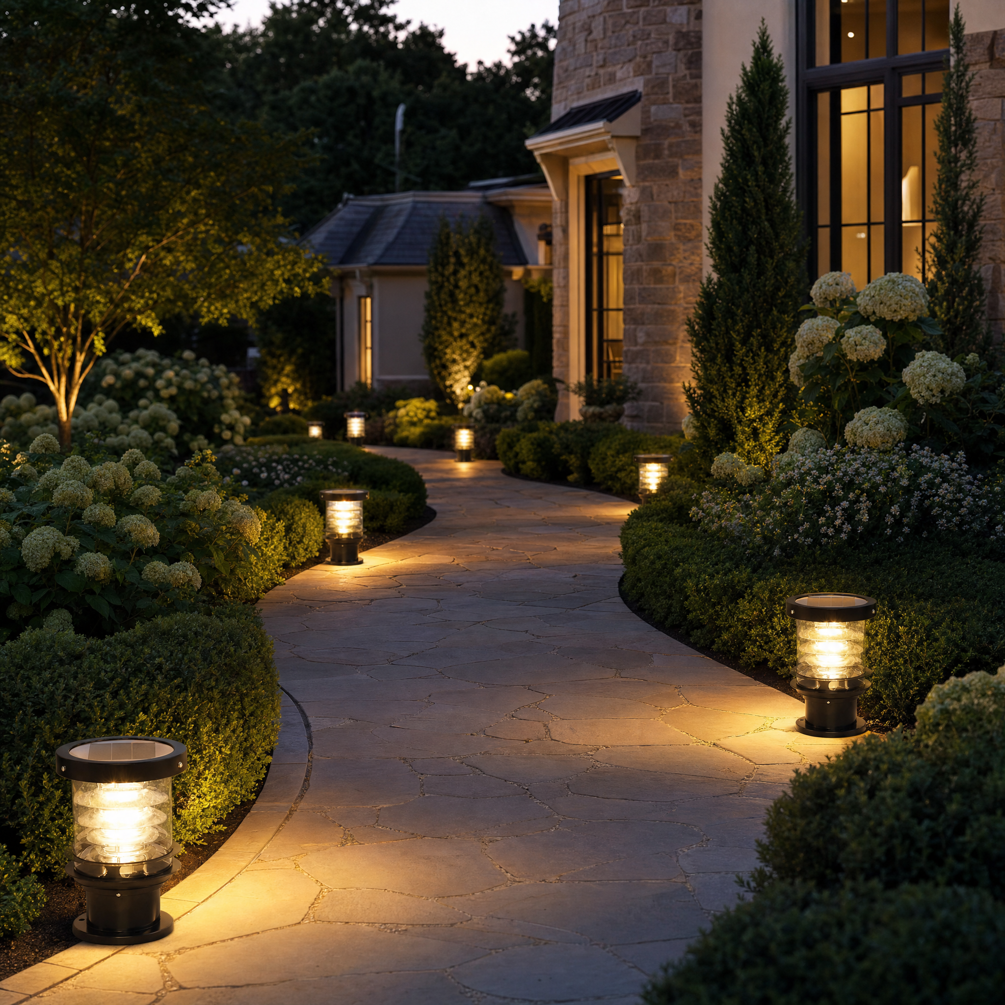Cylinder Tiered LED - suburban path lifestyle