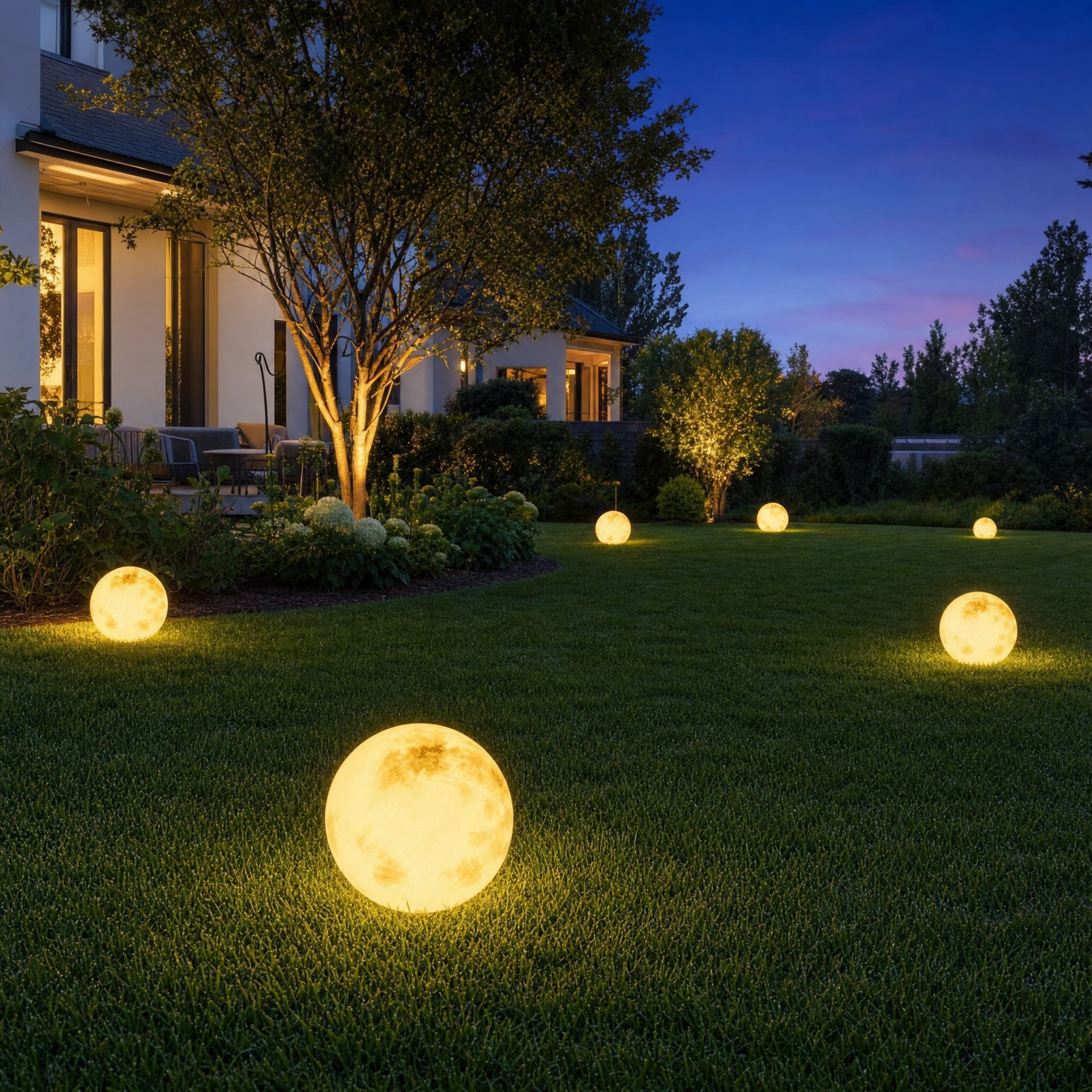Moon Ball Garden Lights - manicured lawn lifestyle
